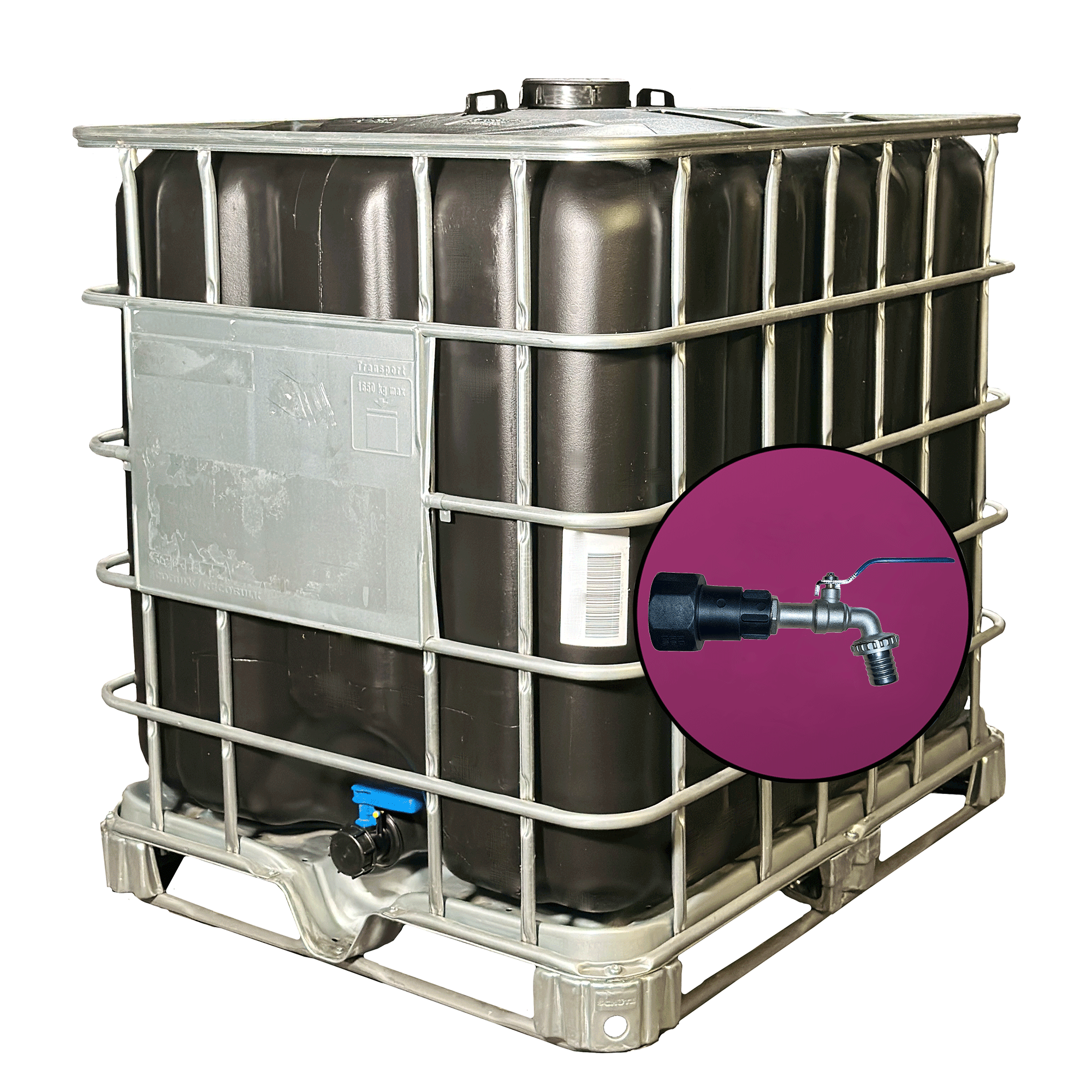 Wassertank 1000l mit schwarzem UV-geschütztem, neuem Innenbehälter auf Stahlpalette 150mm Deckel, inkl. 1-Zoll-Wasserhahn und Lebensmittelzulassung