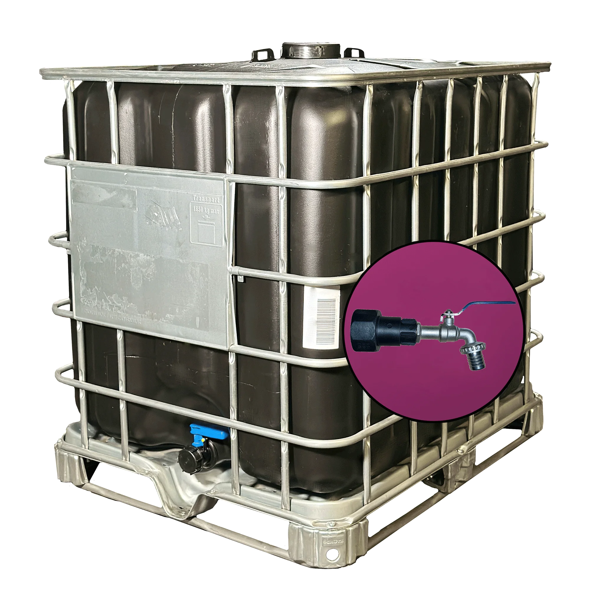 Wassertank 1000l mit schwarzem UV-geschütztem, neuem Innenbehälter auf Stahlpalette 150mm Deckel, inkl. 1-Zoll-Wasserhahn und Lebensmittelzulassung