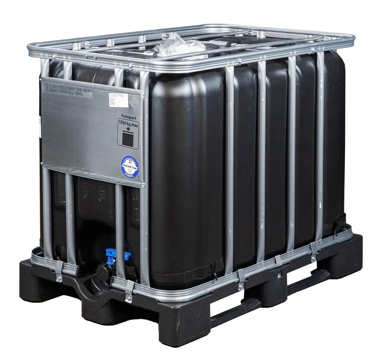 IBC-Container 600l neu mit beschädigter Gitterbox schwarz auf Kunststoffpalette 150mm Deckel mit Gefahrgutzulassung und Lebensmittelzulassung (Werit)