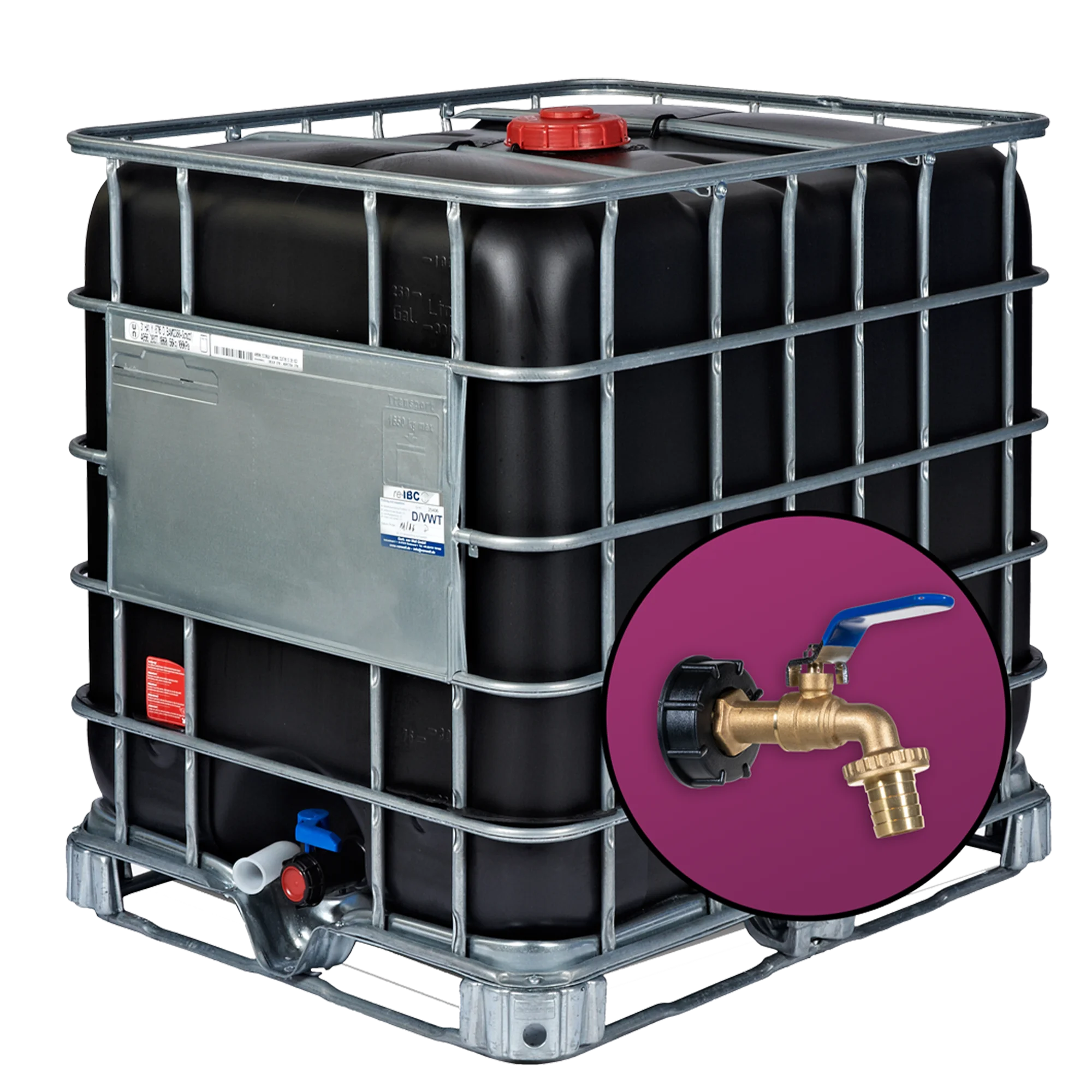 Wassertank 1000l mit schwarzem UV-Geschütztem neuem Innenbehälter auf Stahlrahmenpalette 150mm Deckel als IBC-Container inklusive 1 Zoll Wasserhahn und Lebensmittelzulassung