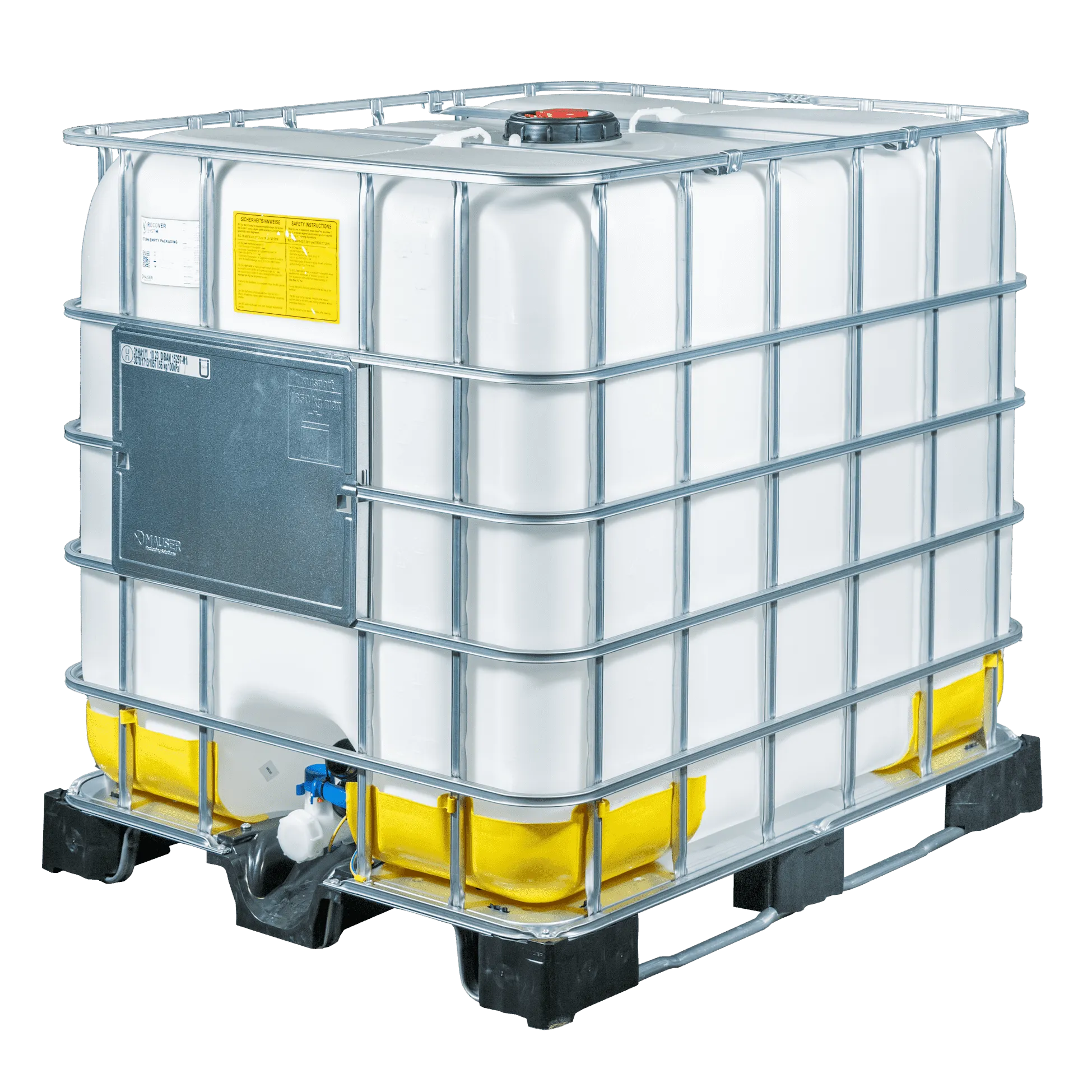 IBC-Container 1000l neu Ex-geschützt auf Hybridkufenpalette 150mm Deckel mit Gefahrgutzulassung und D17-Entgasung