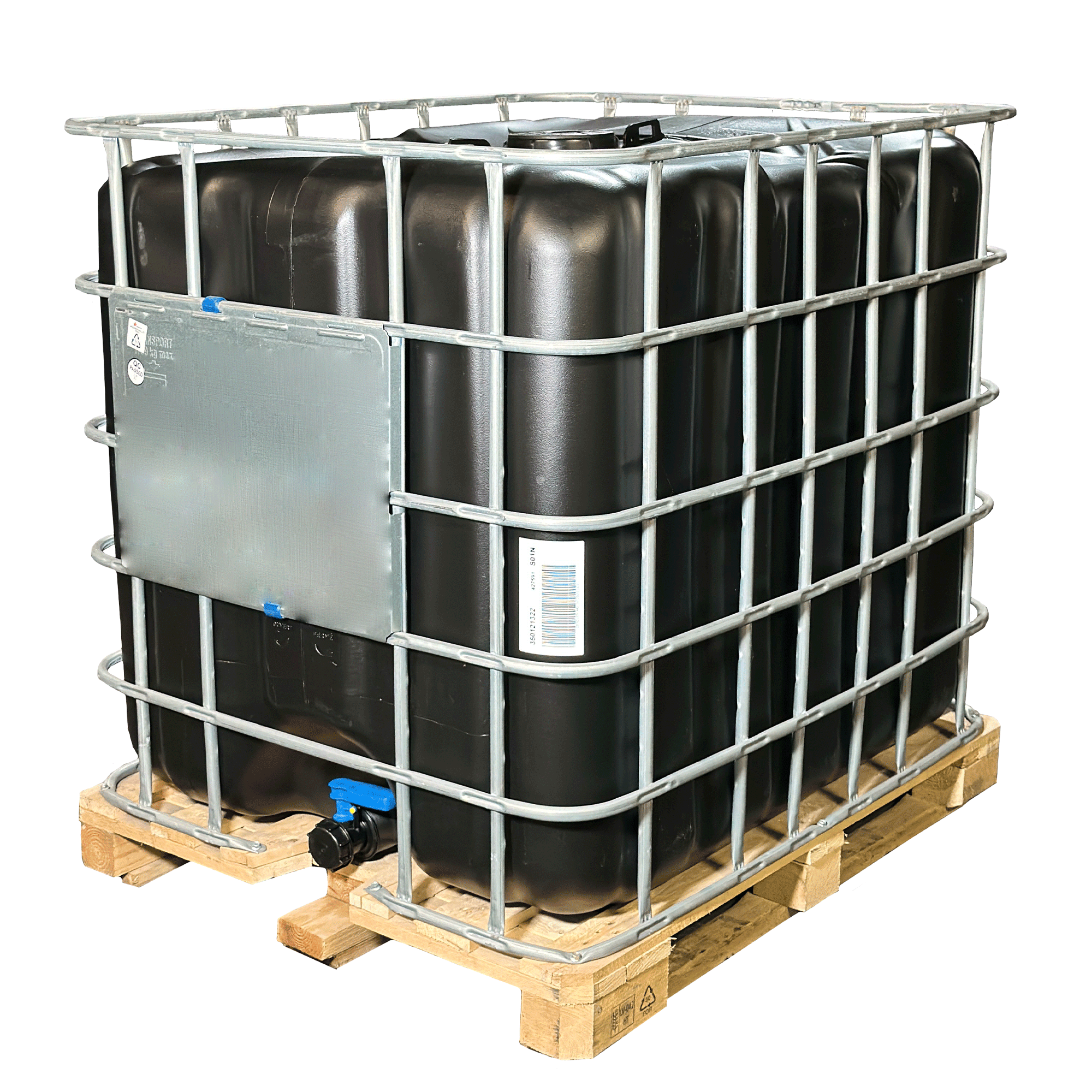 IBC-Container 1000l mit schwarzem UV-geschütztem, neuem Innenbehälter auf Holzpalette 150mm Deckel und Lebensmittelzulassung