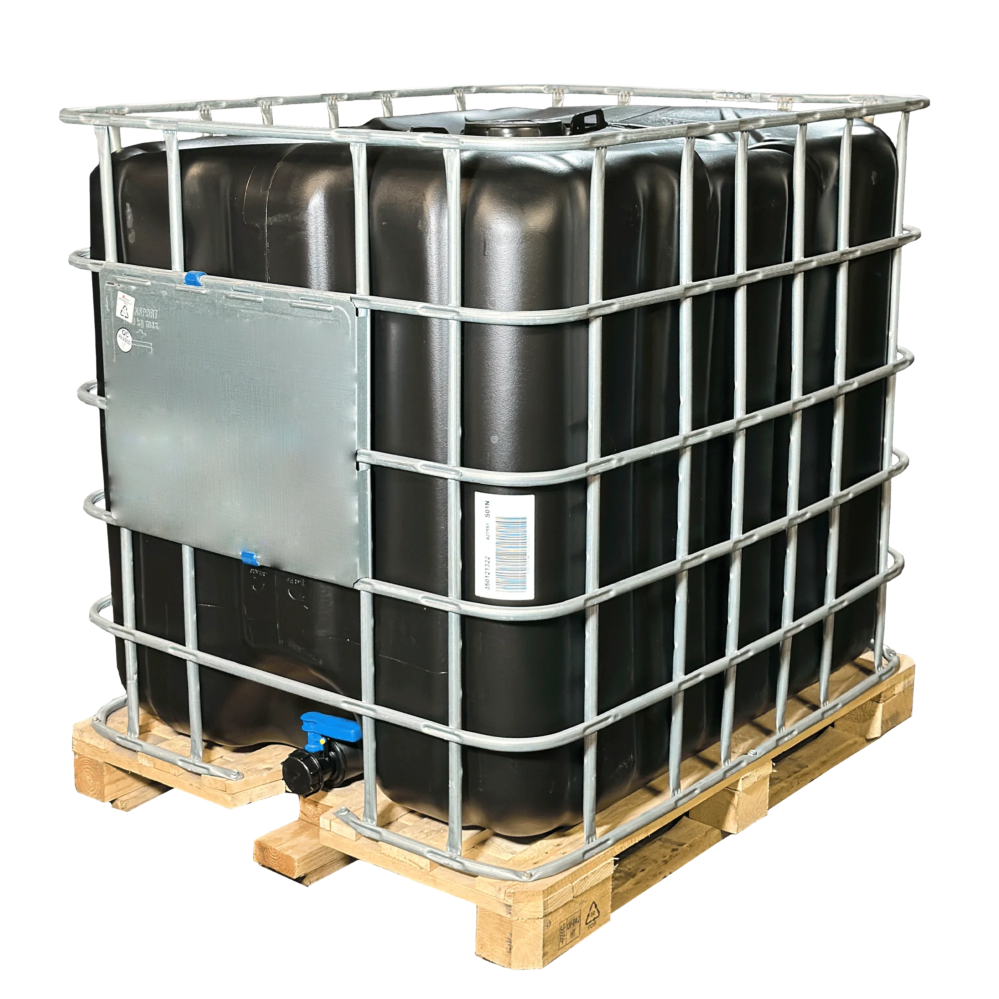 IBC-Container 1000l mit schwarzem UV-geschütztem, neuem Innenbehälter auf Holzpalette 150mm Deckel und Lebensmittelzulassung