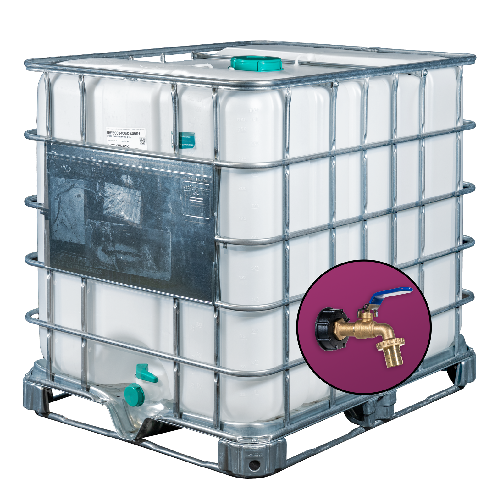 Wassertank 1000l mit neuem Innenbehälter auf Stahlrahmenpalette 150mm Deckel als IBC-Container inklusive 1 Zoll Wasserhahn und Lebensmittelzulassung