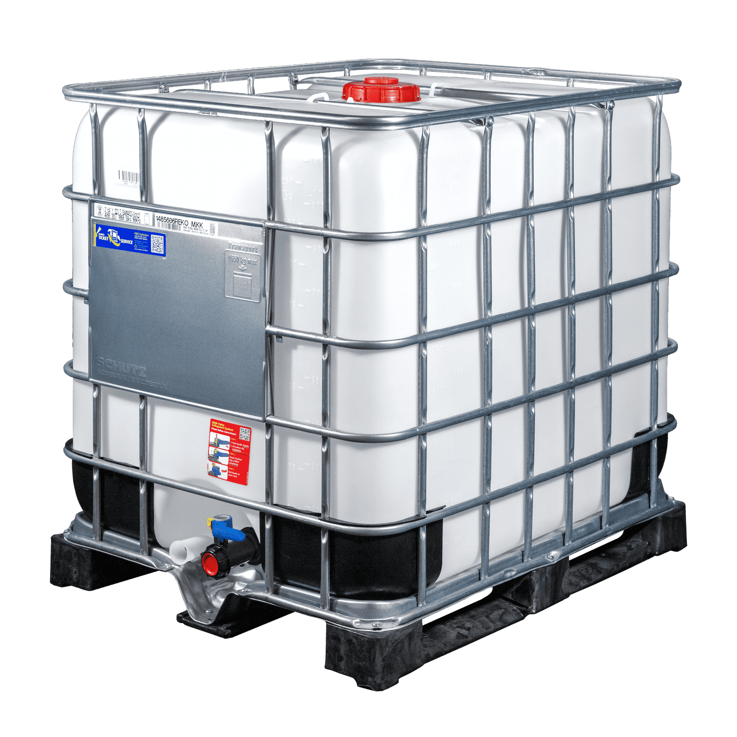 IBC-Container 1000l mit neuem Innenbehälter auf Kunststoffpalette 150mm Deckel mit Gefahrgutzulassung (Schütz)