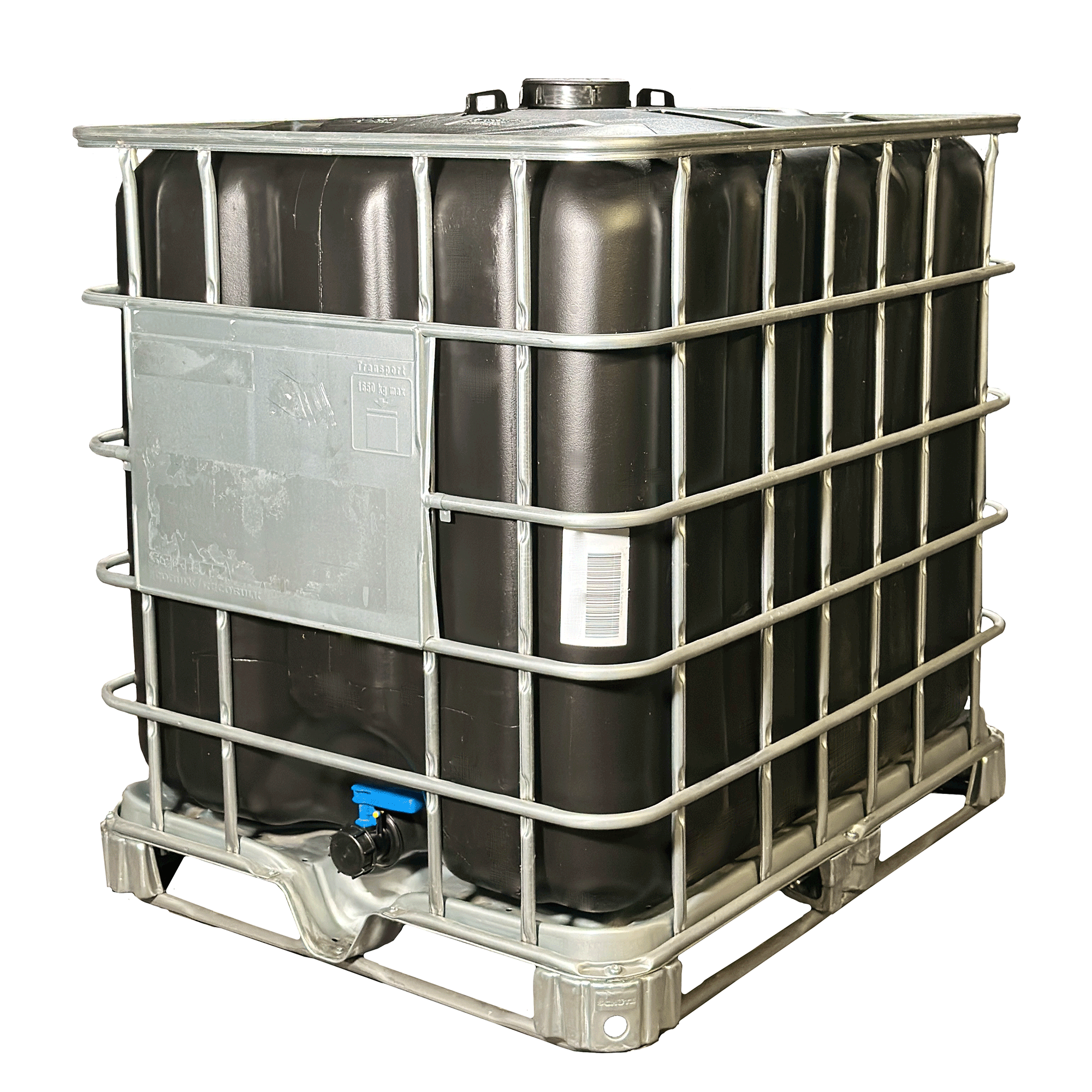 IBC-Container 1000l mit schwarzem UV-geschütztem, neuem Innenbehälter auf Stahlrahmenpalette 150mm Deckel mit Lebensmittelzulassung