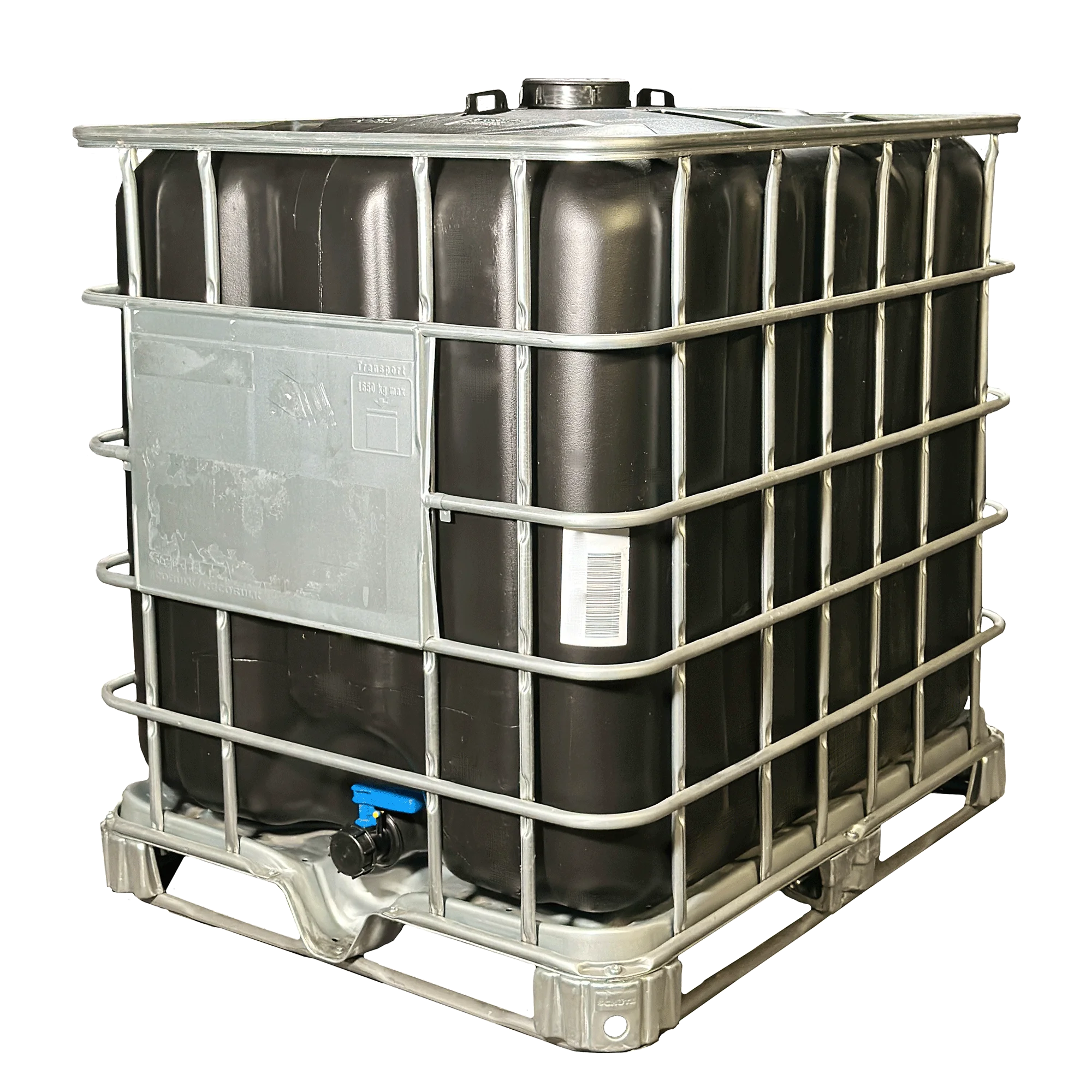 IBC-Container 1000l mit schwarzem UV-geschütztem, neuem Innenbehälter auf Stahlrahmenpalette 150mm Deckel mit Lebensmittelzulassung