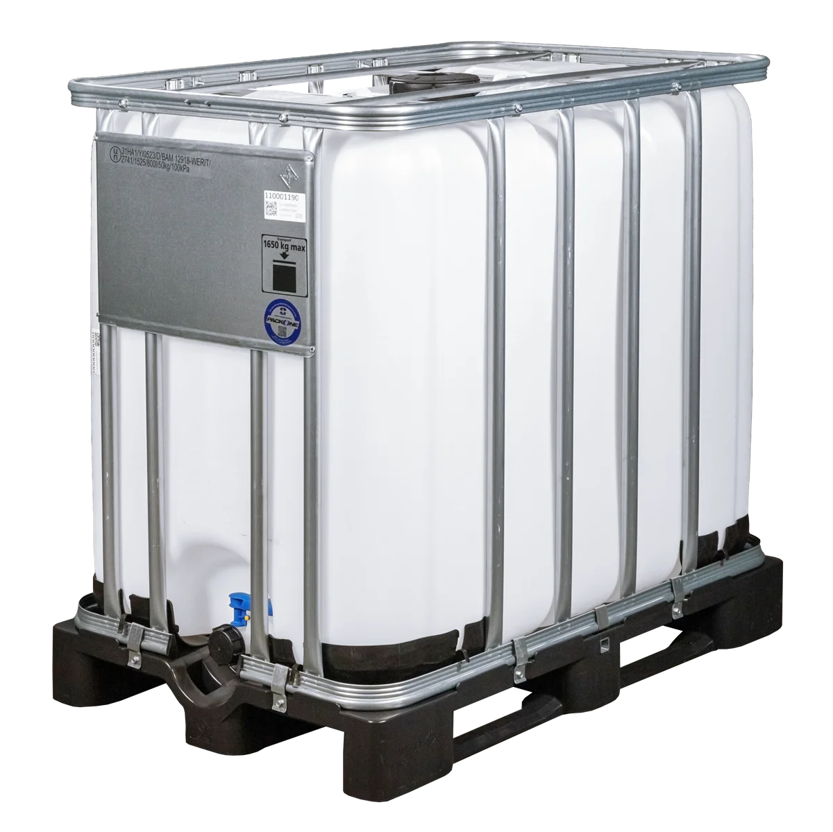 IBC-Container 800l neu auf Kunststoffpalette 150mm Deckel mit Gefahrgutzulassung und Lebensmittelzulassung (Werit)