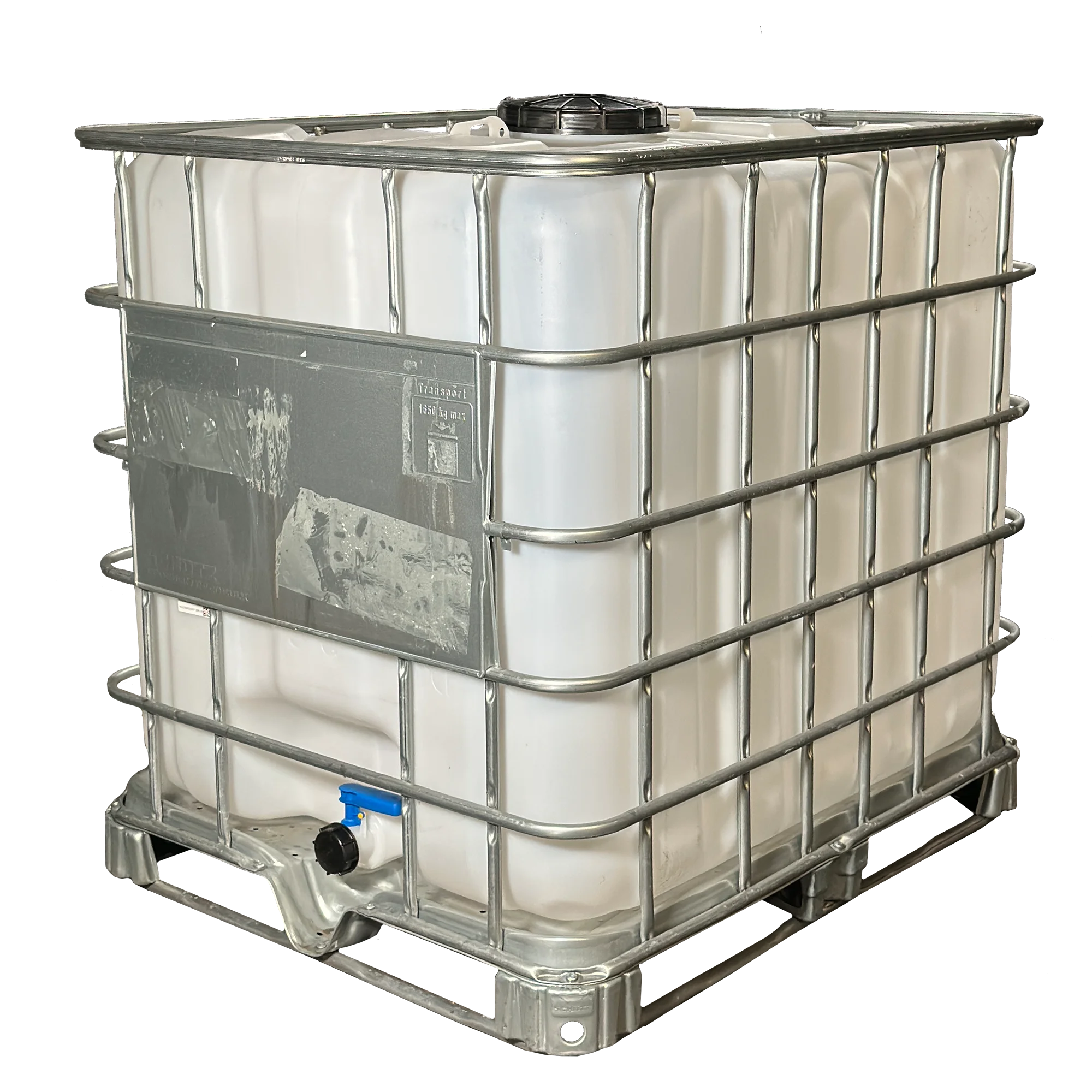 IBC-Container 1000l mit neuem Innenbehälter auf Stahlrahmenpalette 225mm Deckel mit Lebensmittelzulassung und 2-Zoll-Auslauf