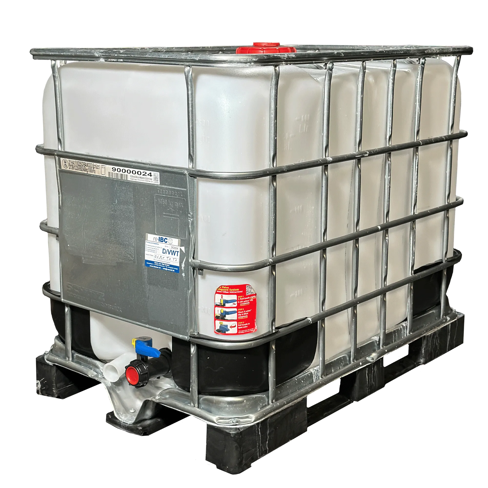 IBC-Container 600l gereinigt 1.Wahl Innen, Außen teilweise 2. Wahl auf Kunststoffpalette 150mm Deckel mit Gefahrgutzulassung