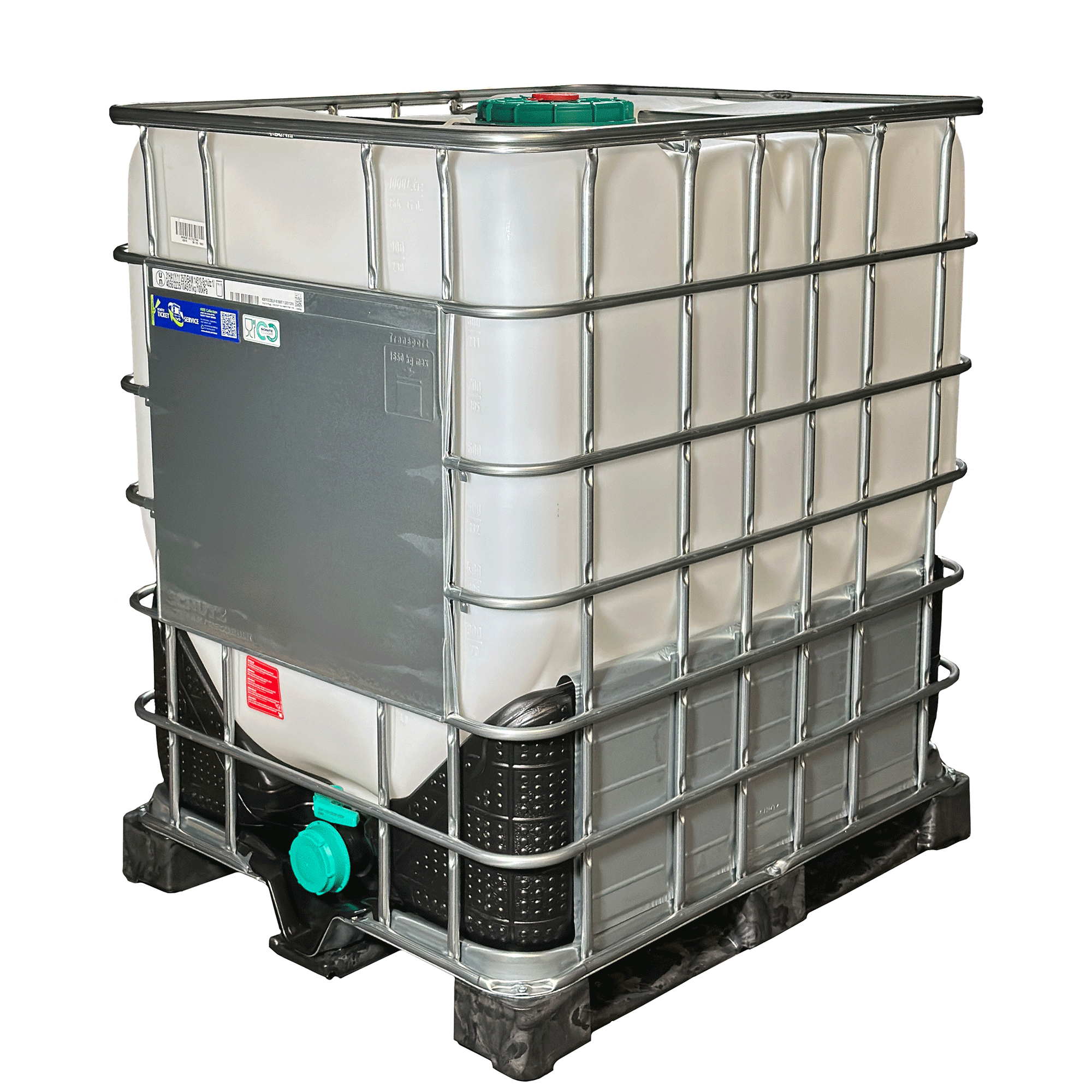 IBC-Container 1000l neu ECOBULK HX mit Säureschutz auf Kunststoffpalette 225mm Deckel mit Gefahrgutzulassung, Lebensmittelzulassung, Entgasungsventil D15 und 3-Zoll-Auslauf (Schütz)