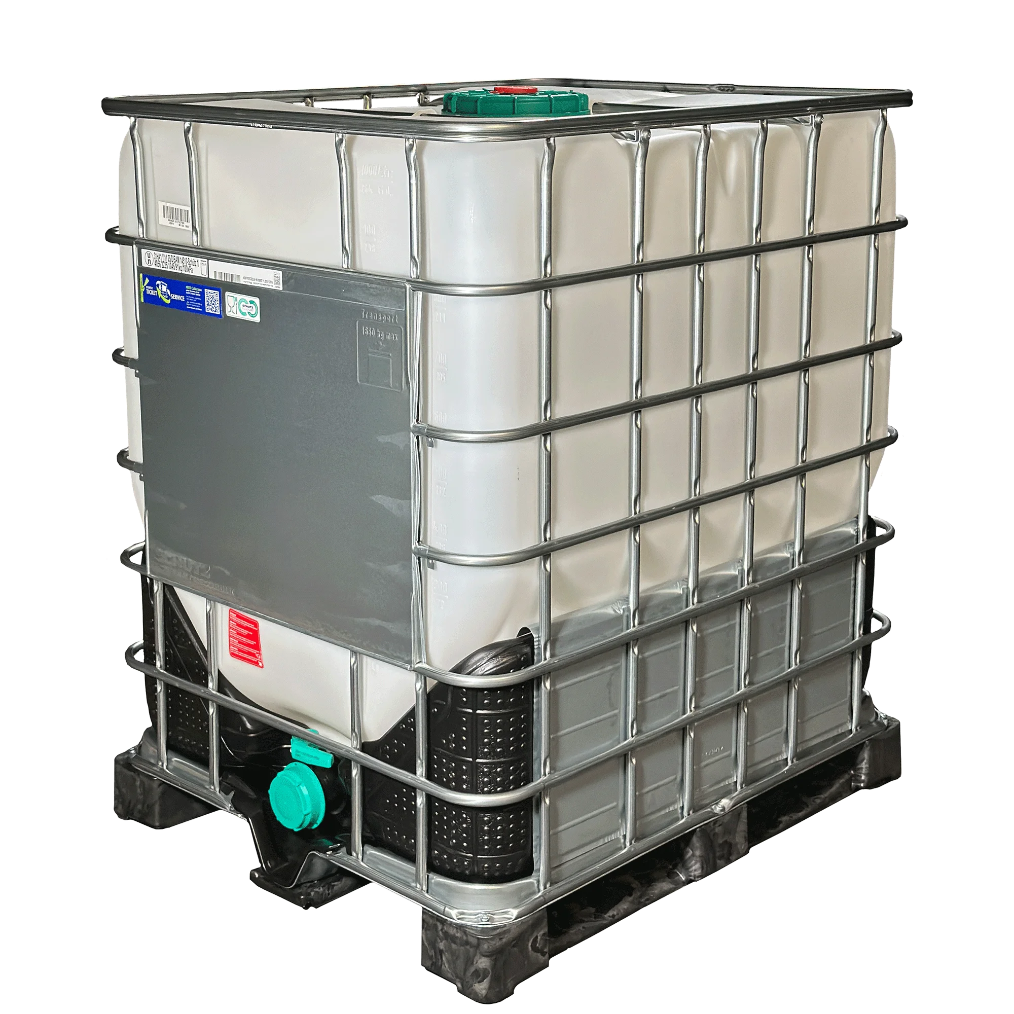 IBC-Container 1000l neu ECOBULK HX mit Säureschutz auf Kunststoffpalette 225mm Deckel mit Gefahrgutzulassung, Lebensmittelzulassung, Entgasungsventil D15 und 3-Zoll-Auslauf (Schütz)