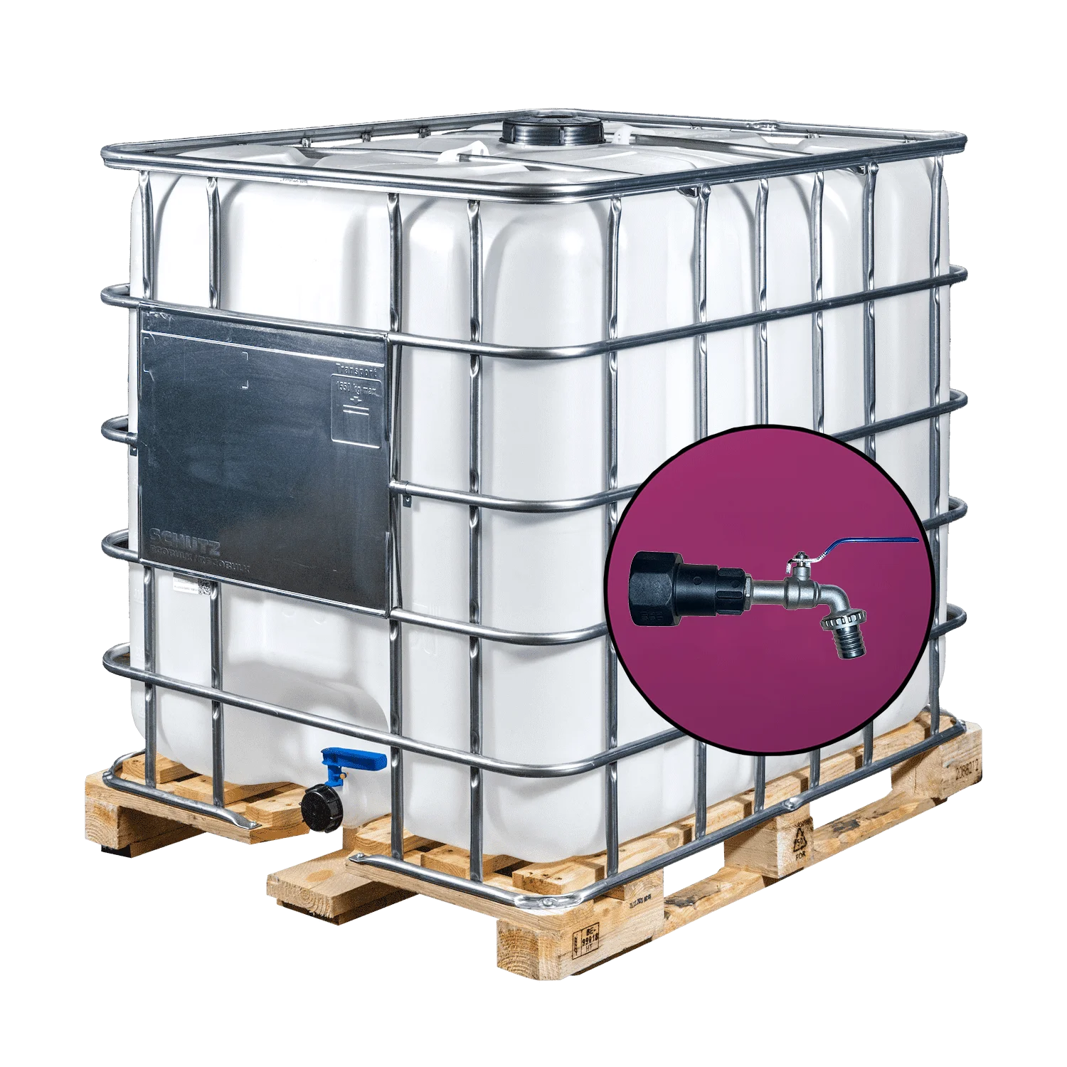 Wassertank 1000l mit neuem Innenbehälter auf Holzpalette 150mm Deckel als IBC-Container inklusive 1-Zoll-Wasserhahn und Lebensmittelzulassung