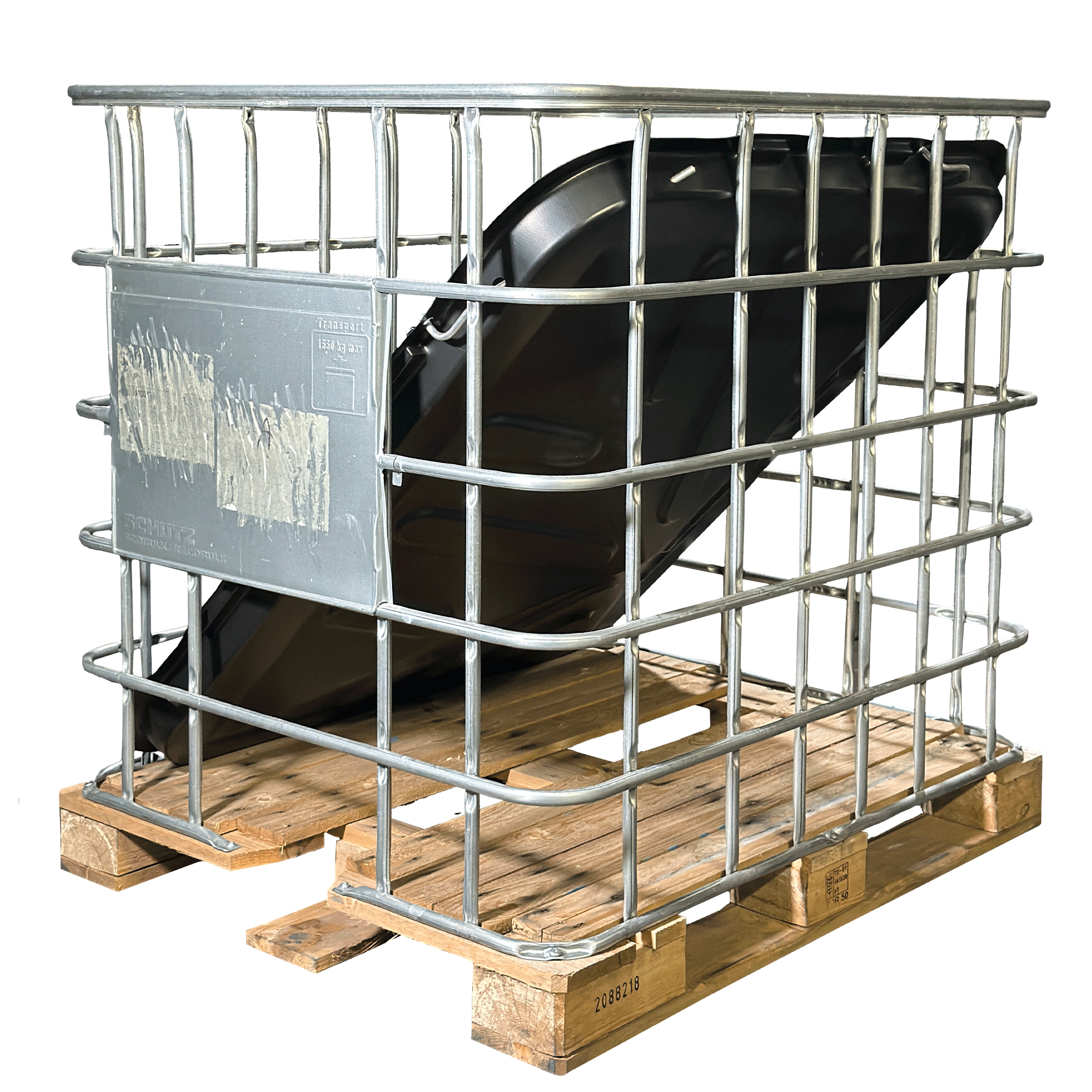 IBC-Gitterbox auf Holzpalette inklusive IBC-Abdeckung/IBC-Roof mit 4x Metallveriegelungen