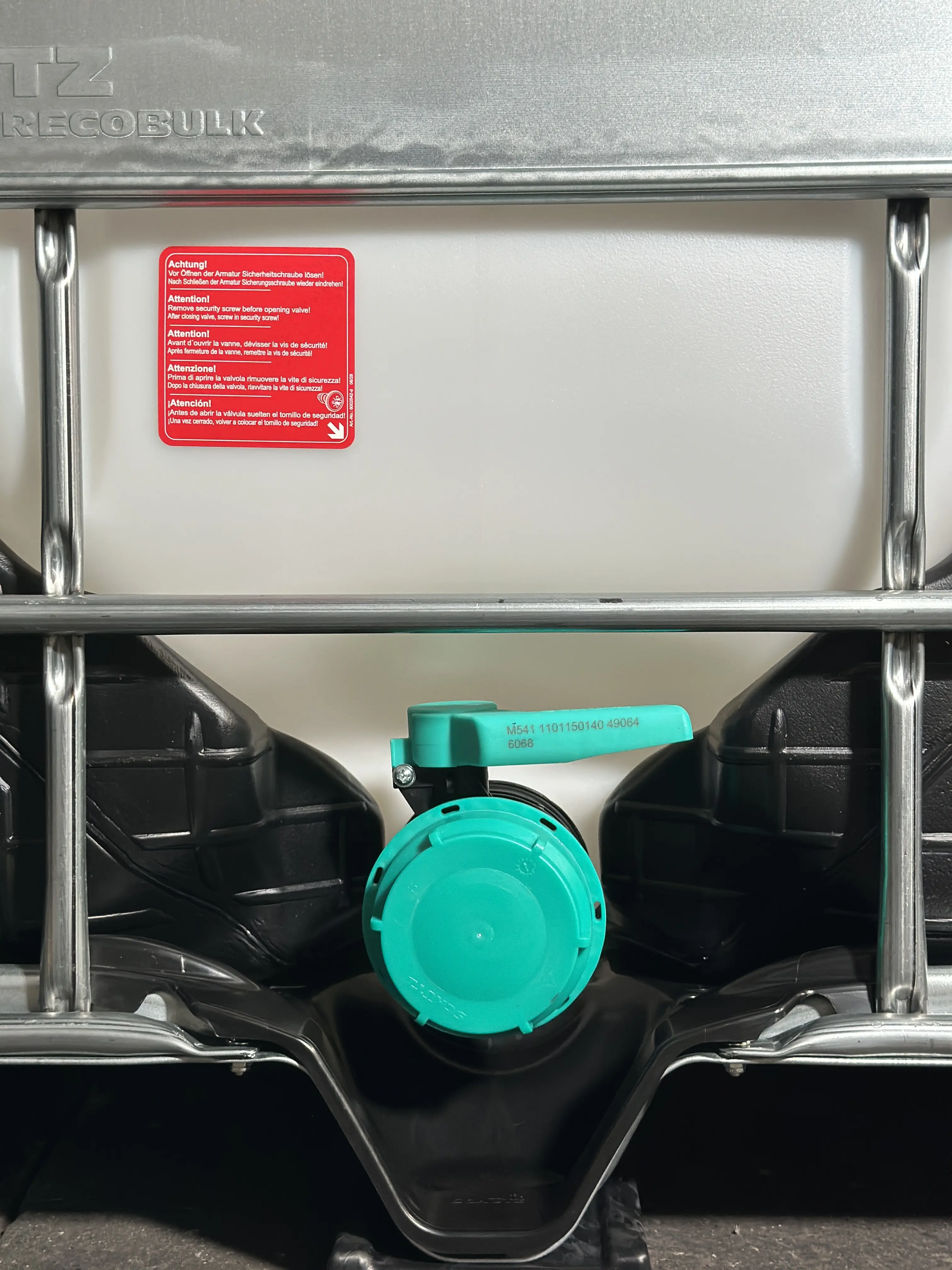 IBC-Container 1000l neu ECOBULK HX mit Säureschutz auf Kunststoffpalette 225mm Deckel mit Gefahrgutzulassung, Lebensmittelzulassung, Entgasungsventil D15 und 3-Zoll-Auslauf (Schütz)