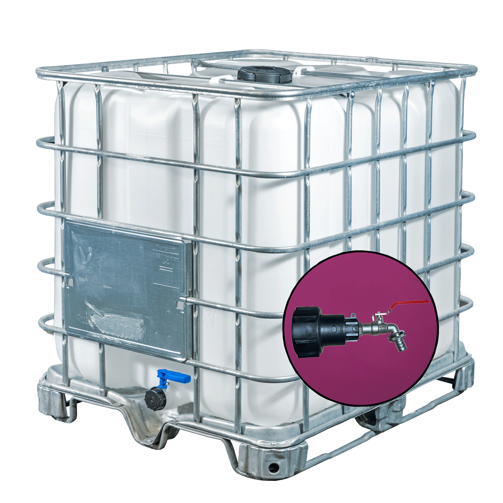 Wassertank 1000l mit neuem Innenbehälter auf Stahlpalette 150mm Deckel als IBC-Container inklusive 1/2-Zoll-Wasserhahn und Lebensmittelzulassung