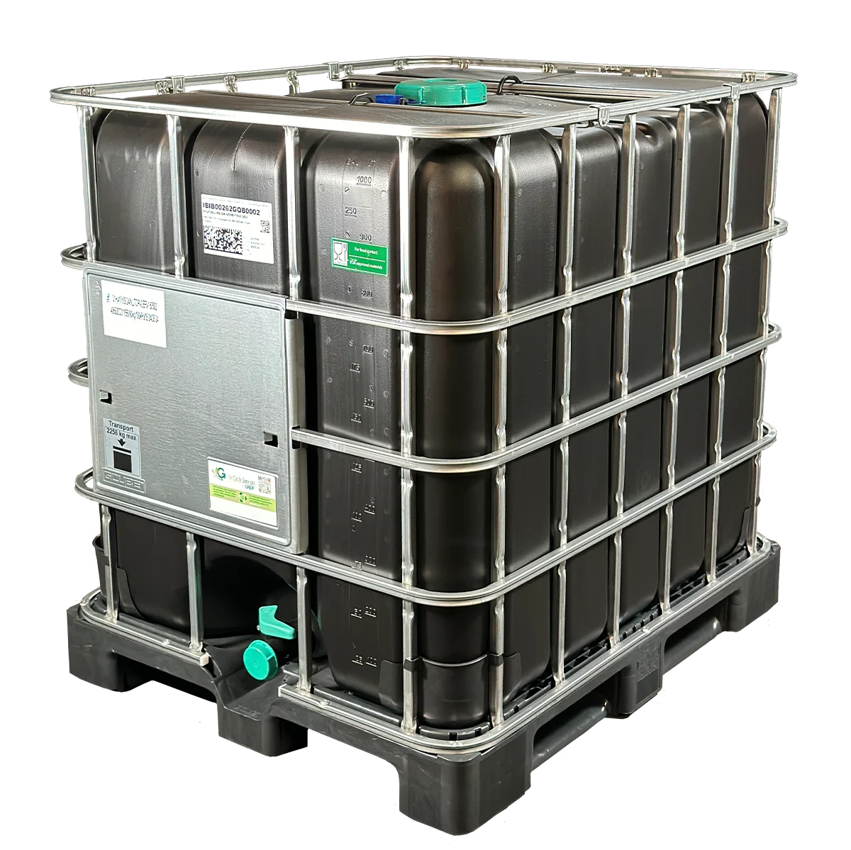 IBC-Container 1000l neu schwarz auf Kunststoffpalette 150mm Deckel mit Gefahrgutzulassung und Lebensmittelzulassung