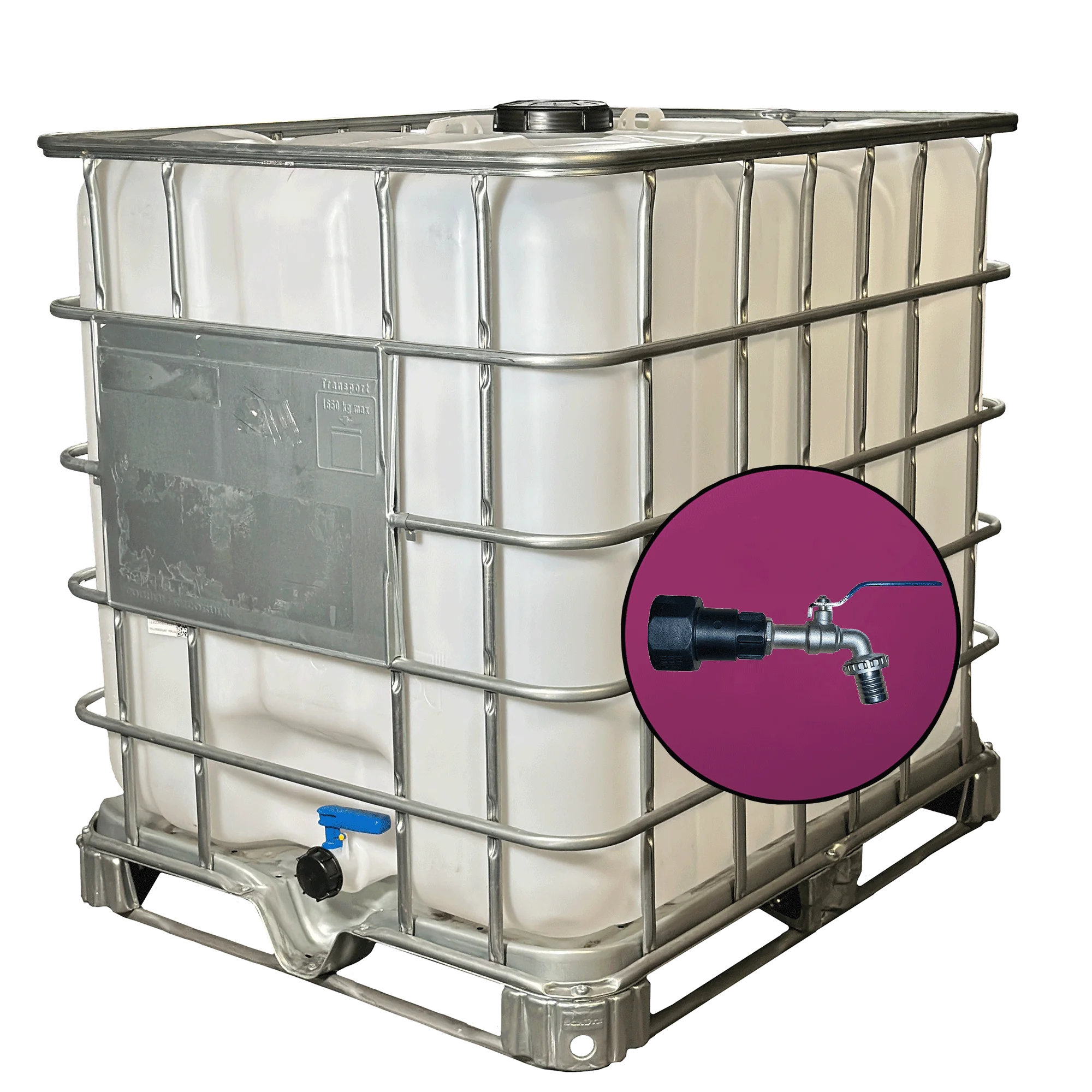 Wassertank 1000l mit neuem Innenbehälter auf Stahlpalette 150mm Deckel als IBC-Container inklusive 1-Zoll-Wasserhahn und Lebensmittelzulassung