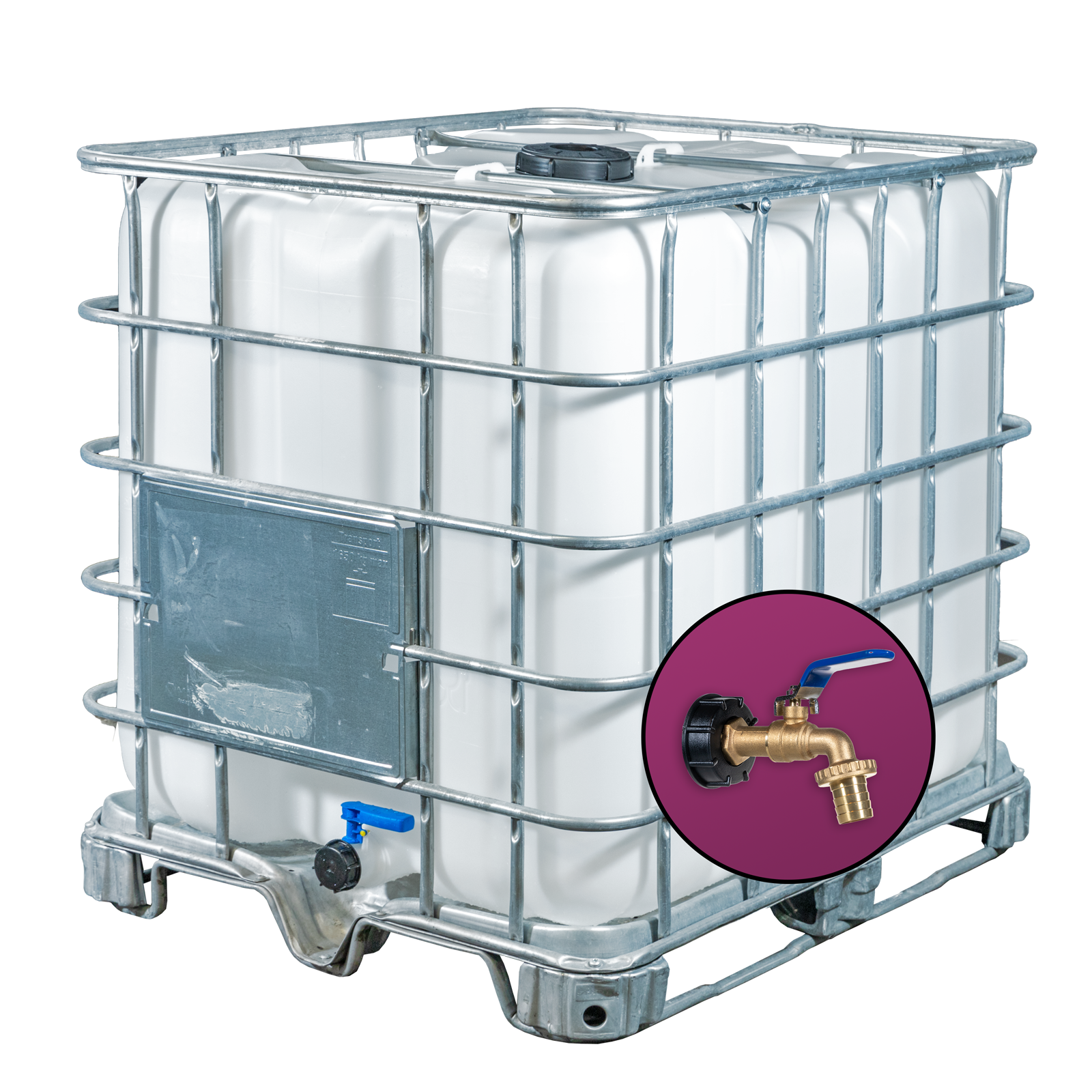 Wassertank 1000l mit neuem Innenbehälter auf Stahlrahmenpalette 150mm Deckel als IBC-Container inklusive 1 Zoll Wasserhahn und Lebensmittelzulassung