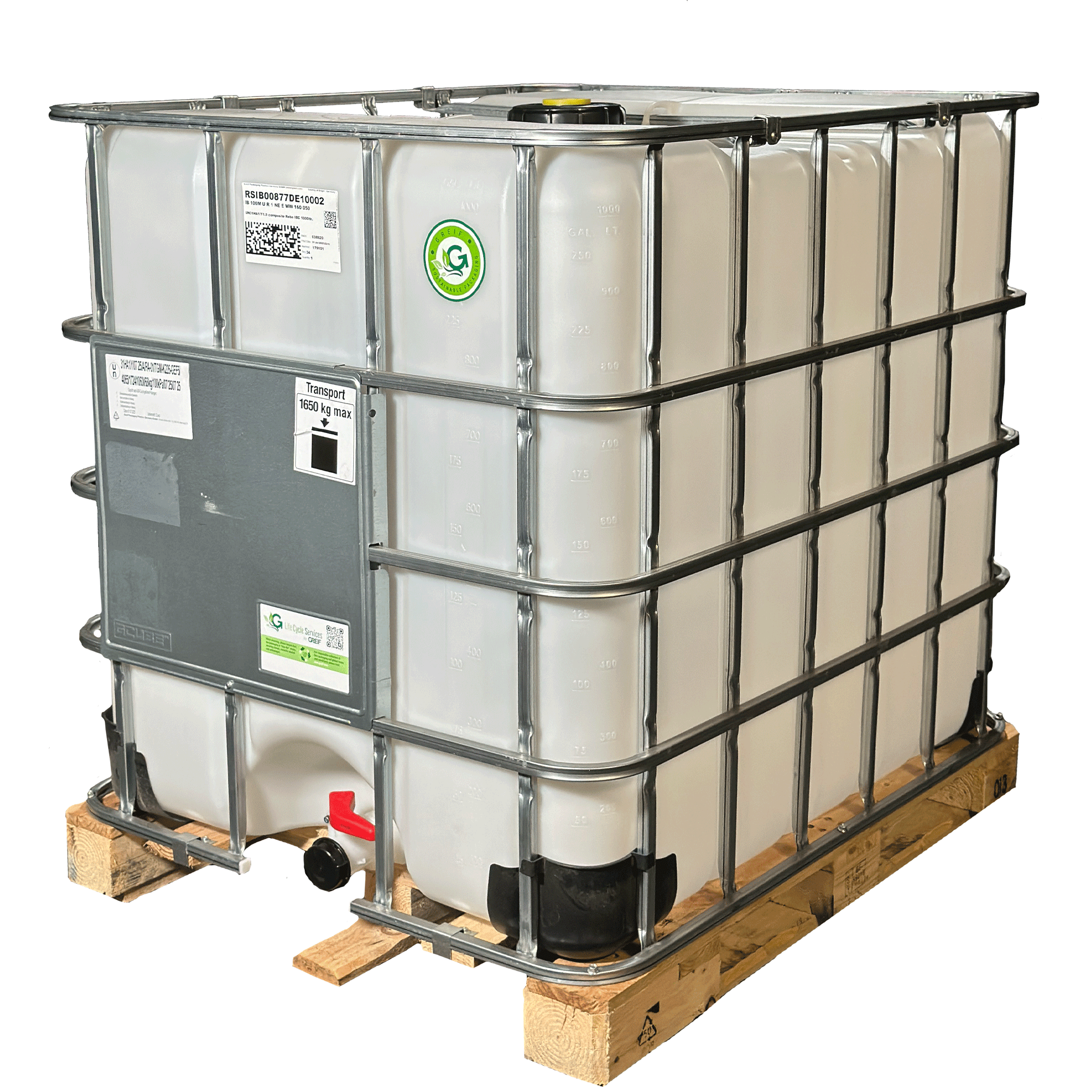IBC-Container 1000l mit neuem Innenbehälter auf Holzpalette 150mm Deckel und Gefahrgutzulassung