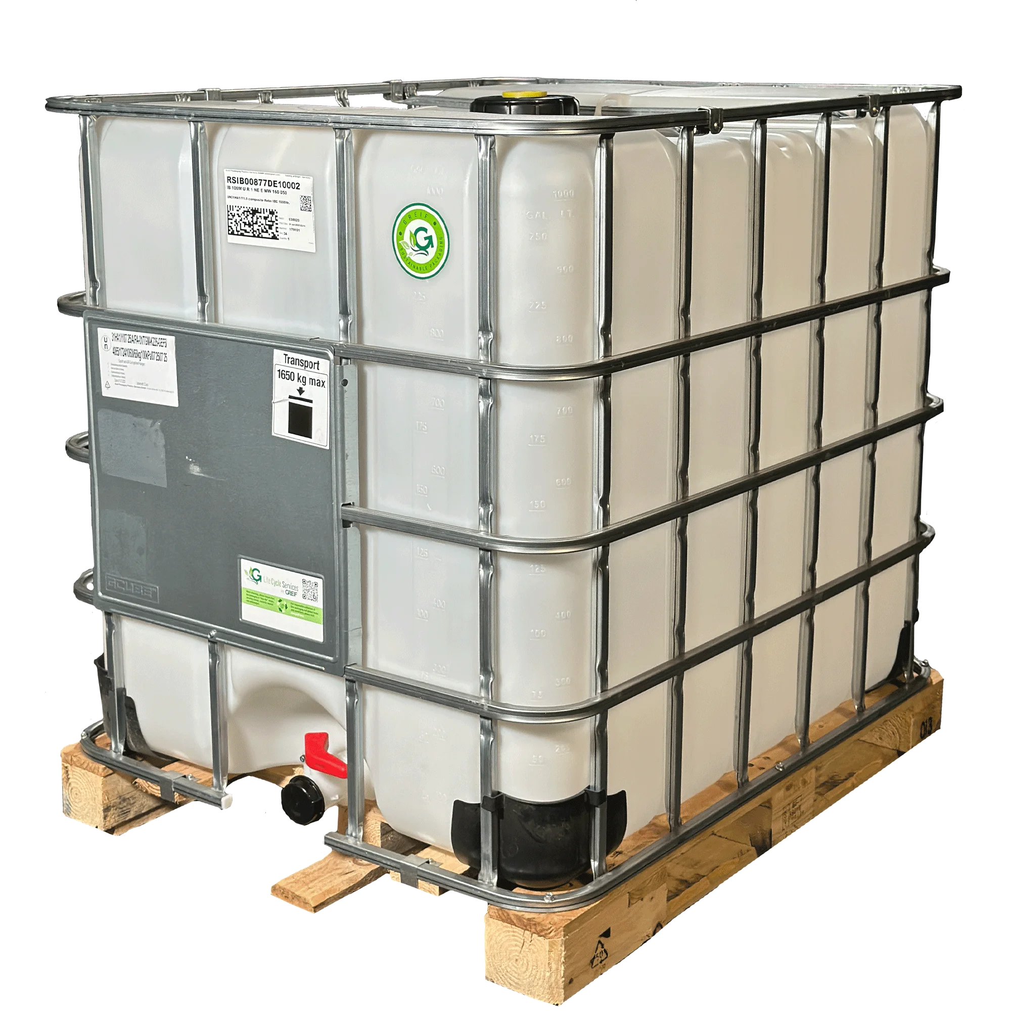 IBC-Container 1000l mit neuem Innenbehälter auf Holzpalette 150mm Deckel und Gefahrgutzulassung IBC-Container 1000l mit neuem Innenbehälter auf Holzpalette 150mm Deckel und Gefahrgutzulassung