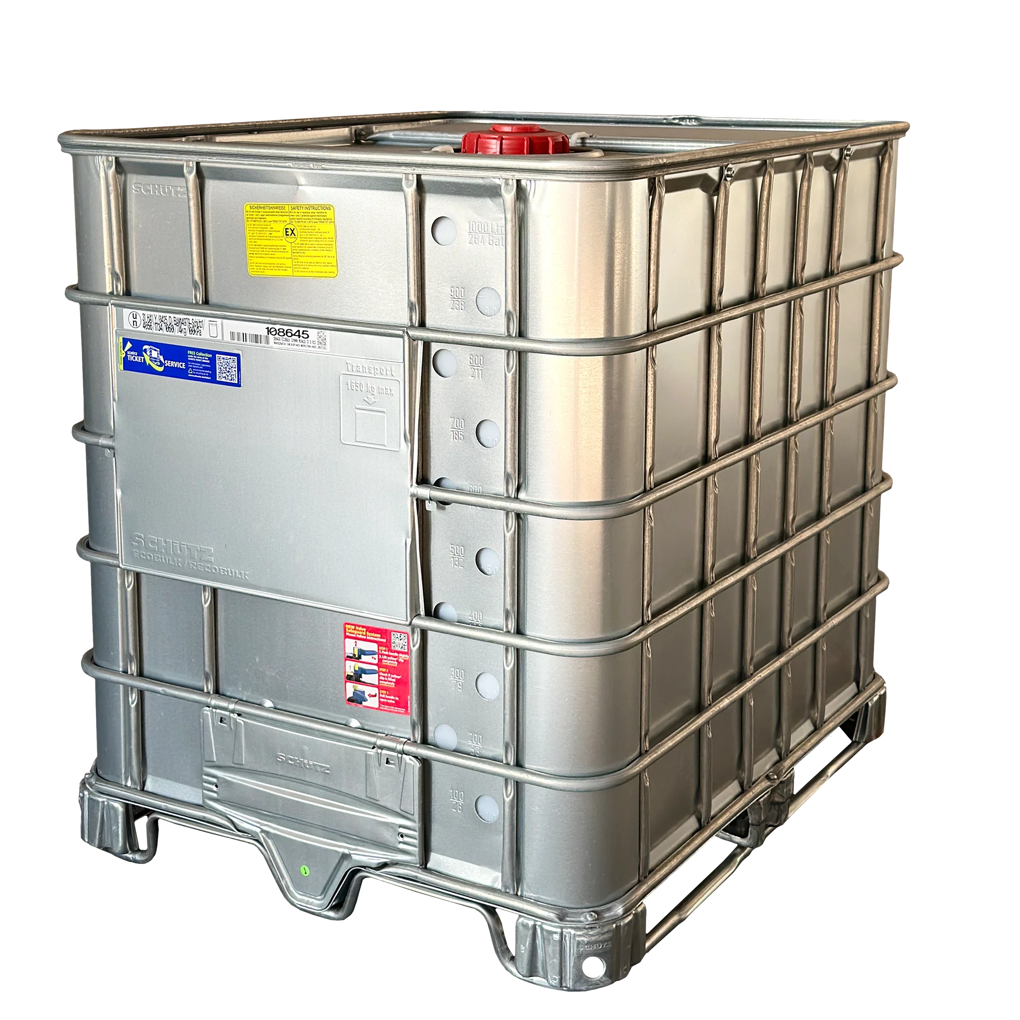 IBC-Container 1000l neu Ex-geschützt auf Stahlkufenpalette 150mm Deckel mit Gefahrgutzulassung, Entgasung und Stahlmantel 