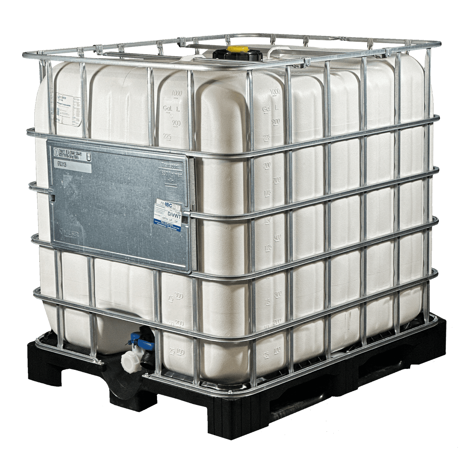 IBC-Container 1000l gereinigt mit weißem UV-geschütztem Innenbehälter auf Kunststoffpalette 150mm Deckel und Gefahrgutzulassung