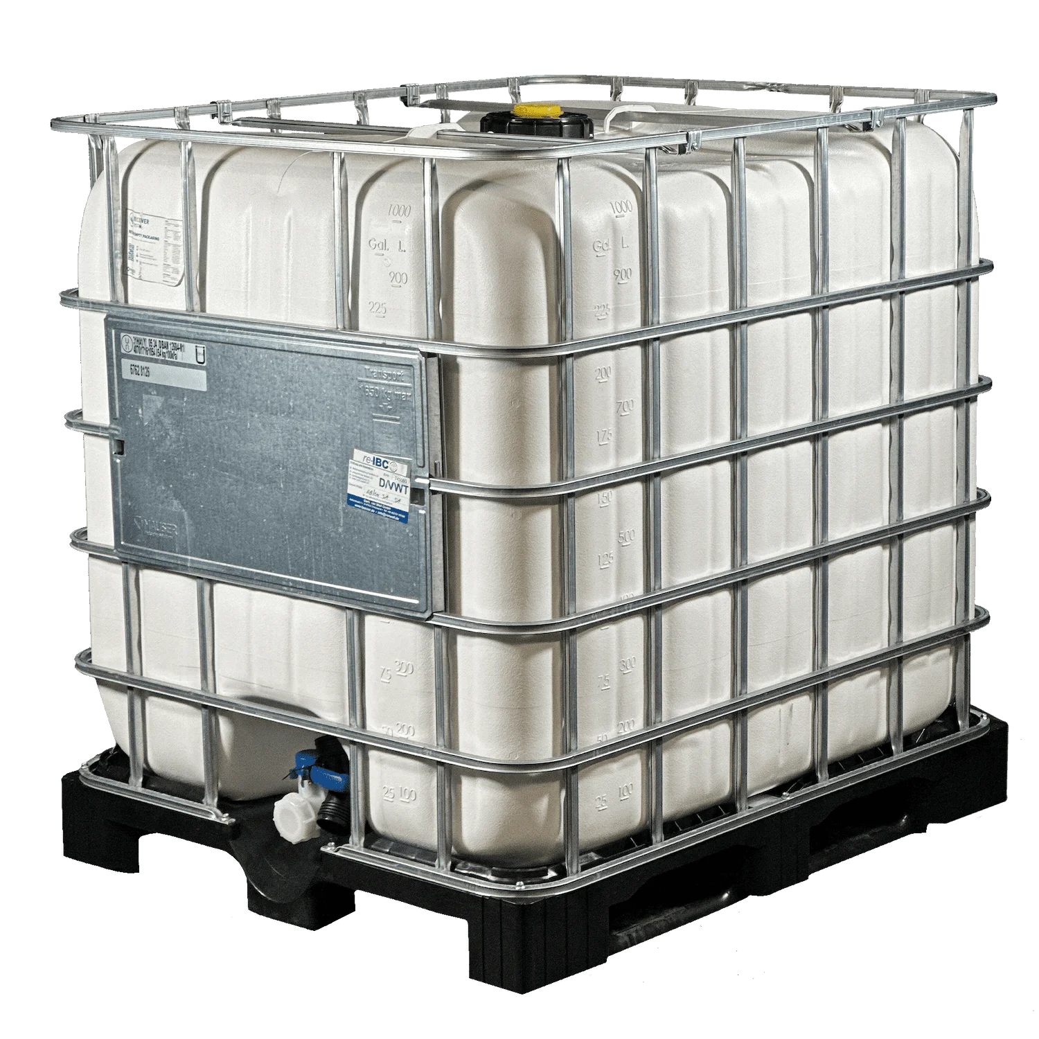 IBC-Container 1000l gereinigt mit weißem UV-geschütztem Innenbehälter auf Kunststoffpalette 150mm Deckel und Gefahrgutzulassung