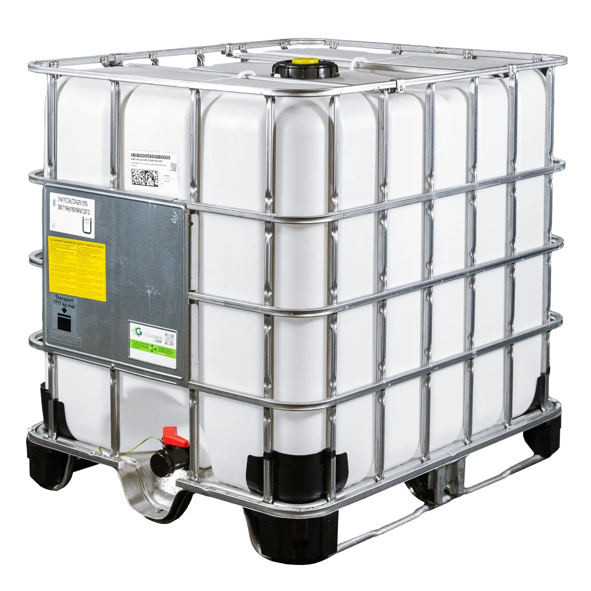IBC-Container 1000l neu Ex-geschützt auf Hybridkufenpalette 150mm Deckel mit Gefahrgutzulassung und D17-Entgasung