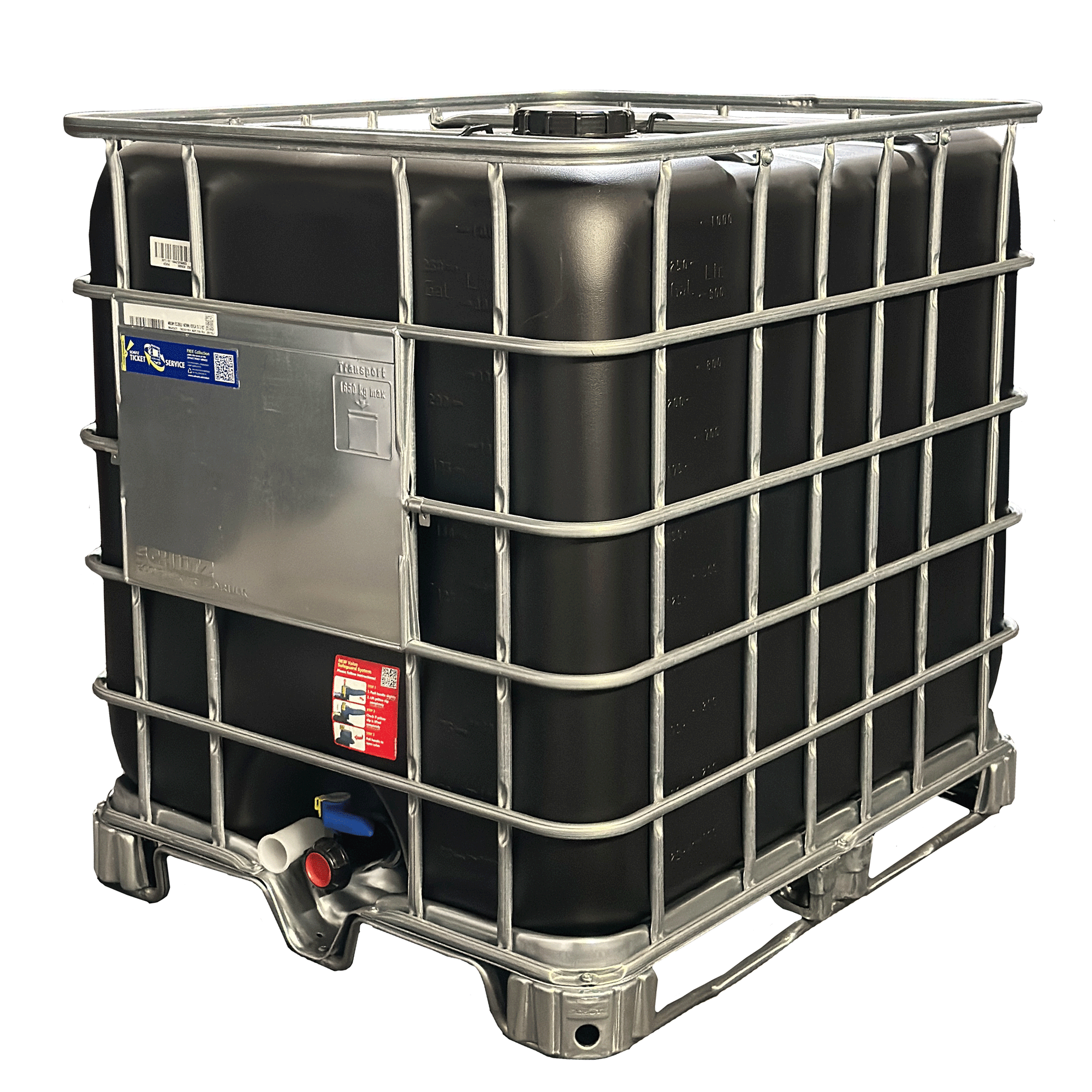 IBC-Container 1000l neu schwarz auf Stahlkufenpalette 150mm Deckel (Schütz)