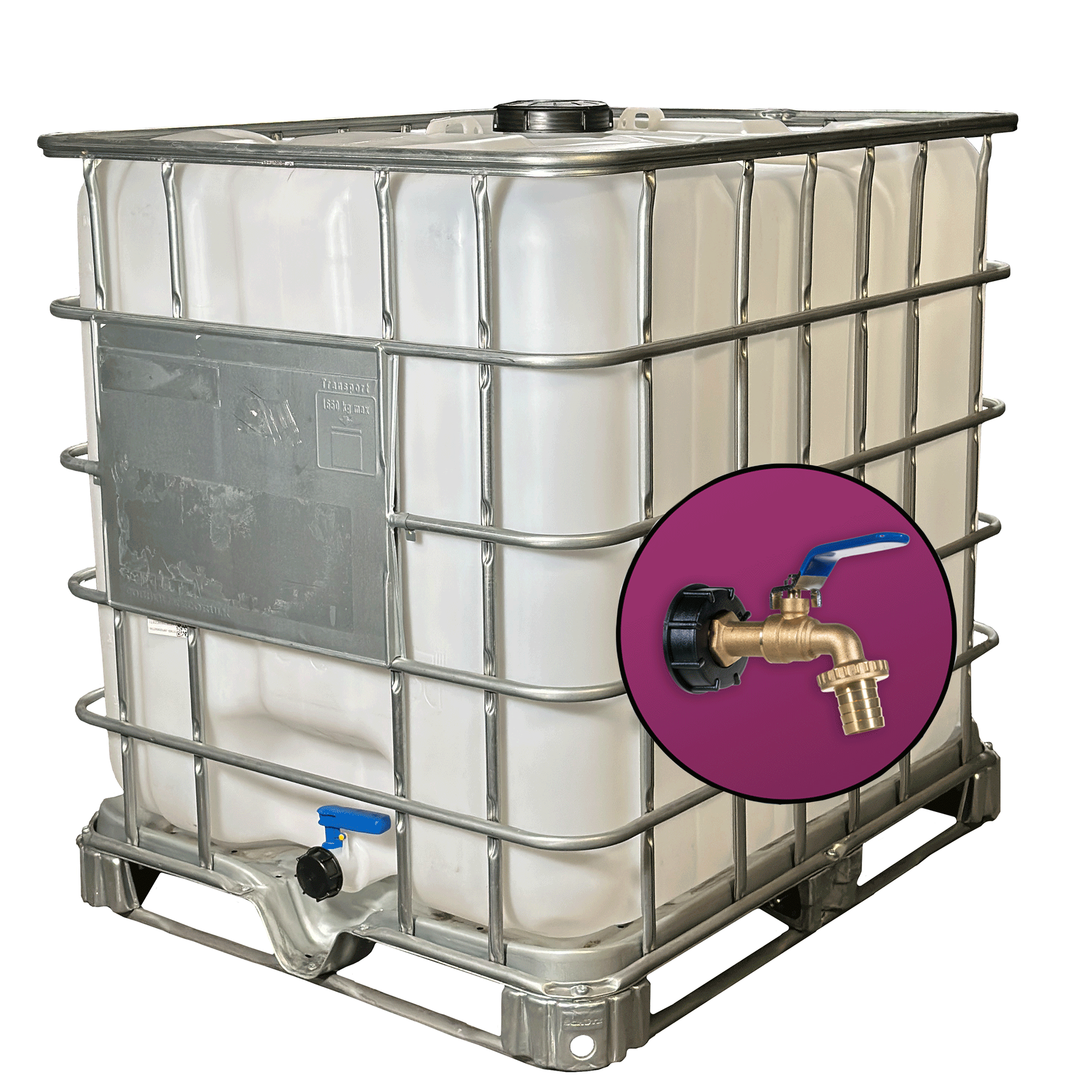 Wassertank 1000l mit neuem Innenbehälter auf Stahlpalette 150mm Deckel als IBC-Container inklusive 1-Zoll-Wasserhahn und Lebensmittelzulassung