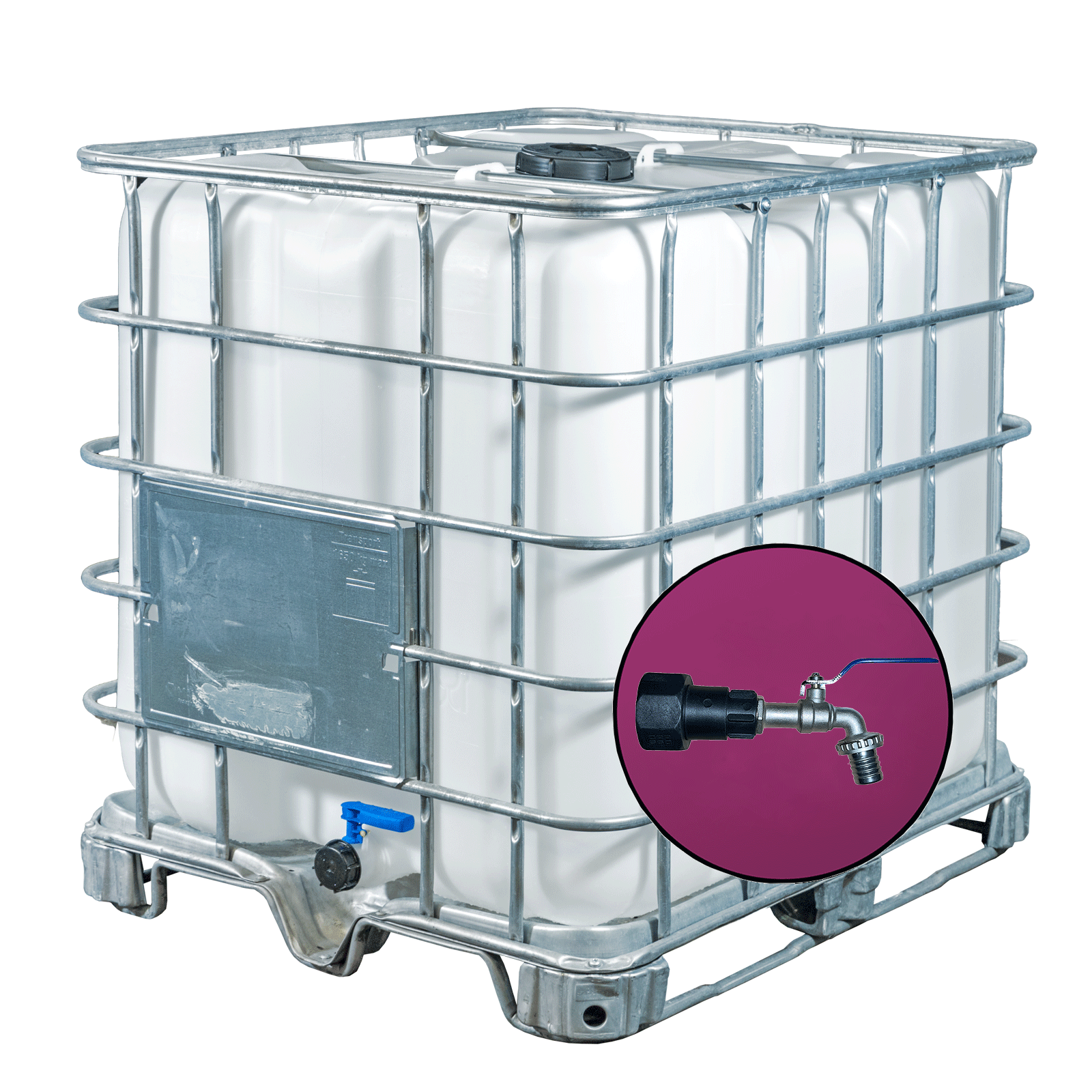 Wassertank 1000l mit neuem Innenbehälter auf Stahlpalette 150mm Deckel als IBC-Container inklusive 1-Zoll-Wasserhahn und Lebensmittelzulassung