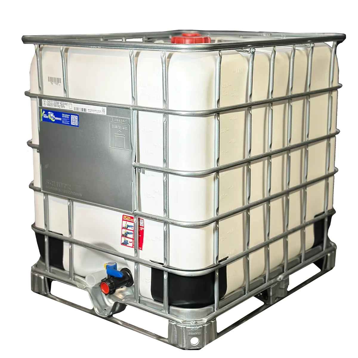 IBC-Container 1000l neu auf Stahlrahmenpalette 150mm Deckel mit Gefahrgutzulassung, weiß und D15-Entgasung  (Schütz)