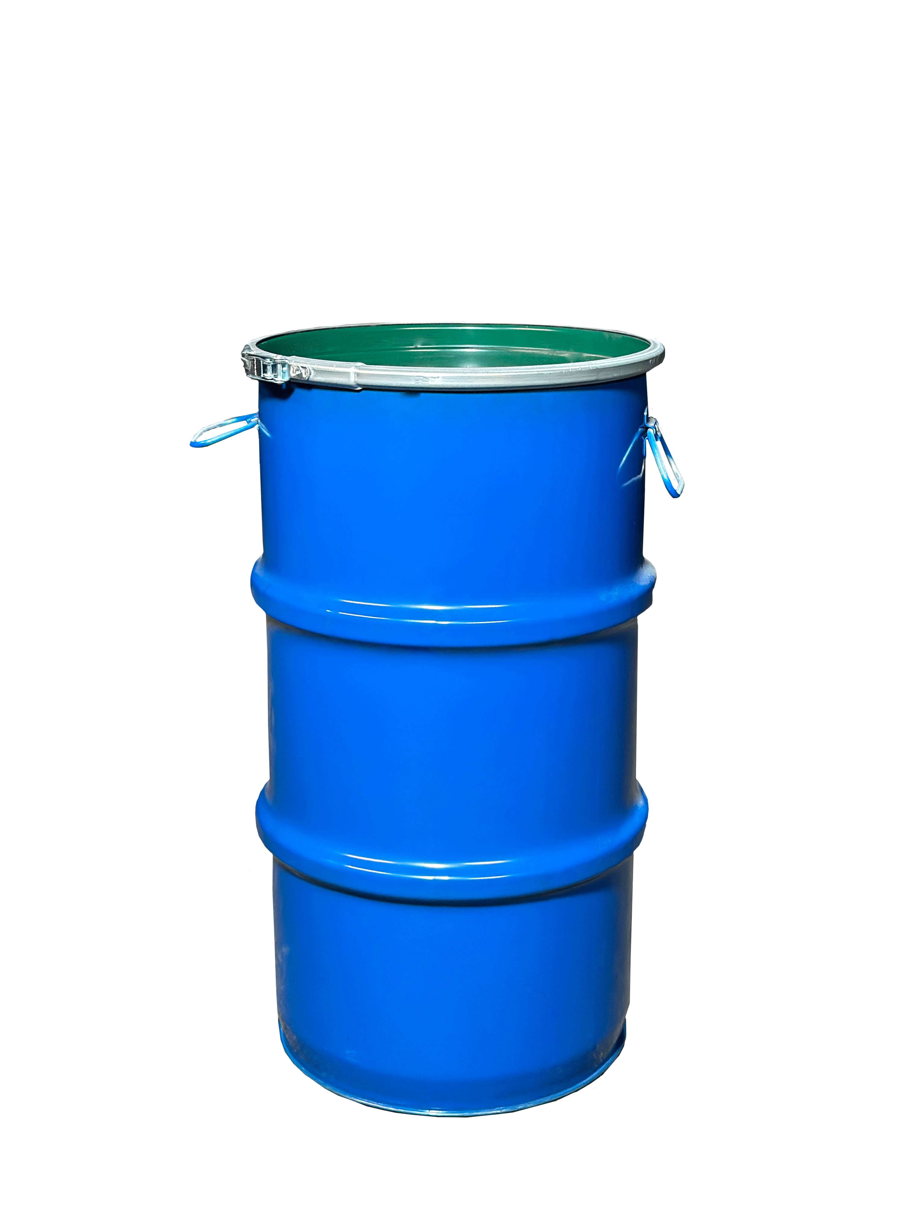 Stahldeckelfass 60l außen blau(teilweise mit grünem Deckel), innen Goldlack ohne UN-Zulassung
