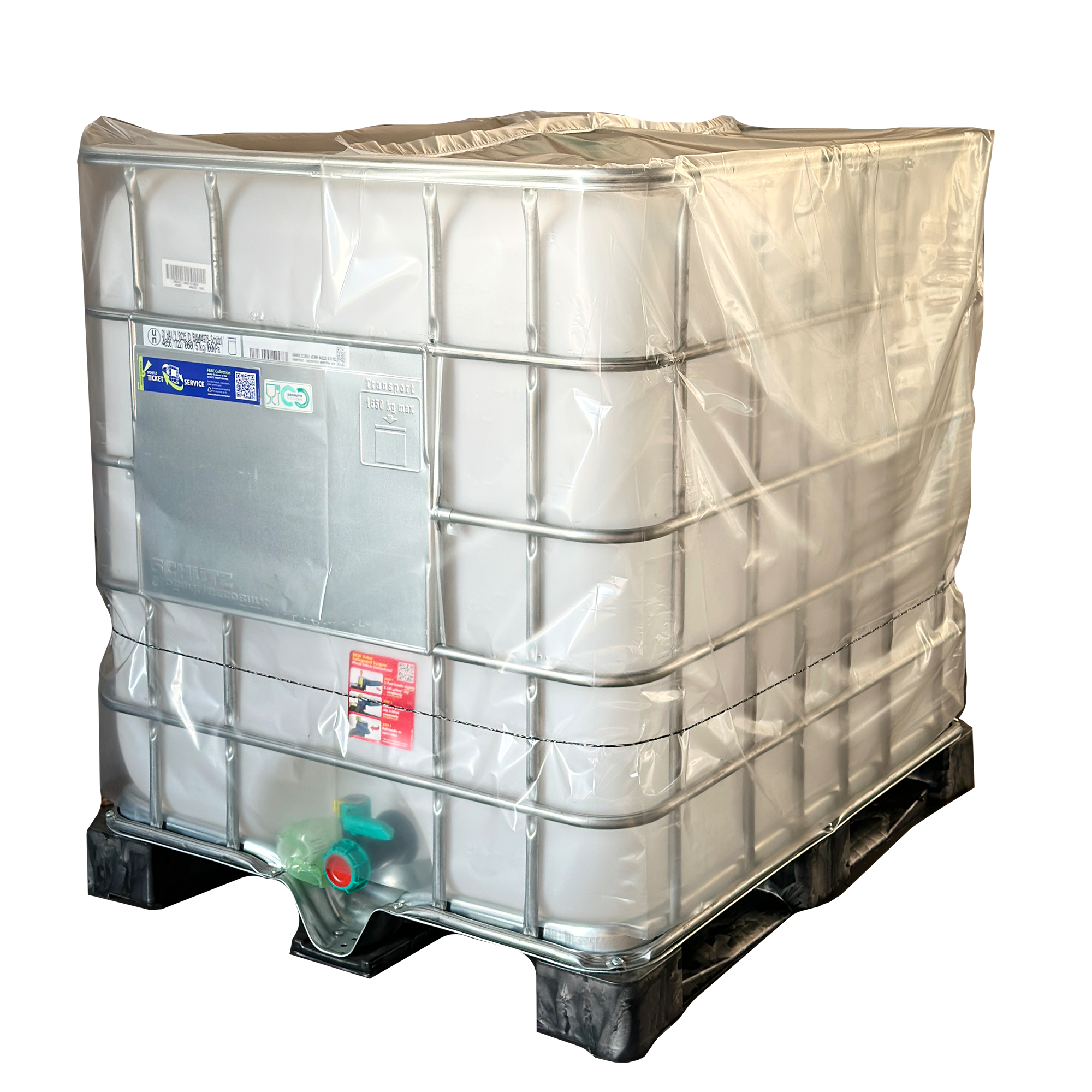 IBC-Container 1000l neu auf Kunststoffpalette 225mm Deckel mit Gefahrgutzulassung und Lebensmittelzulassung mit Staubschutzhaube