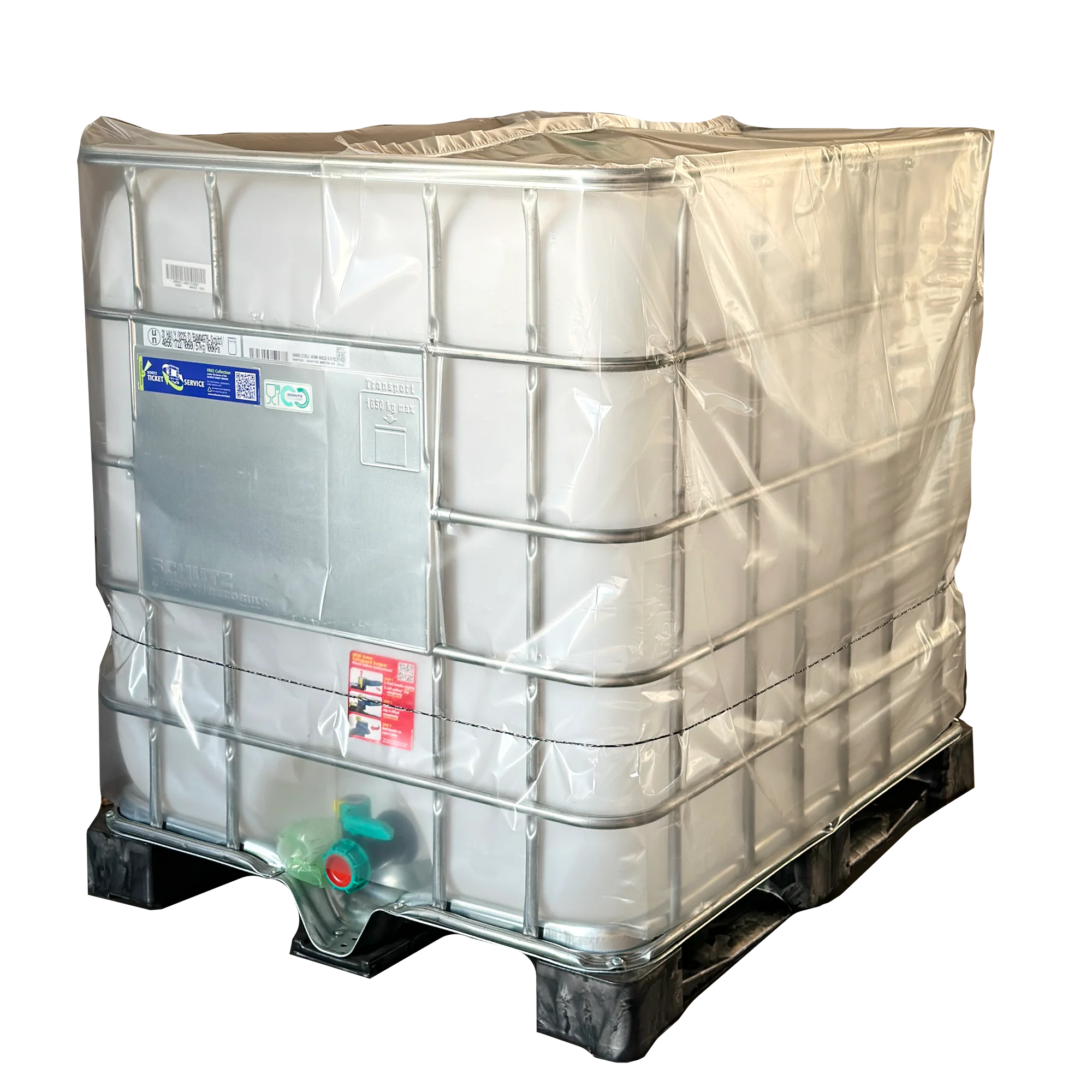 IBC-Container 1000l neu auf Kunststoffpalette 225mm Deckel mit Gefahrgutzulassung und Lebensmittelzulassung mit Staubschutzhaube