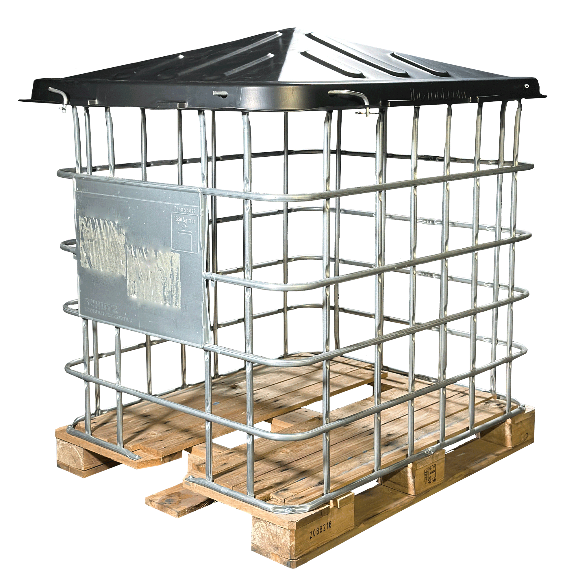 IBC-Gitterbox auf Holzpalette inklusive IBC-Abdeckung/IBC-Roof mit 4x Metallveriegelungen