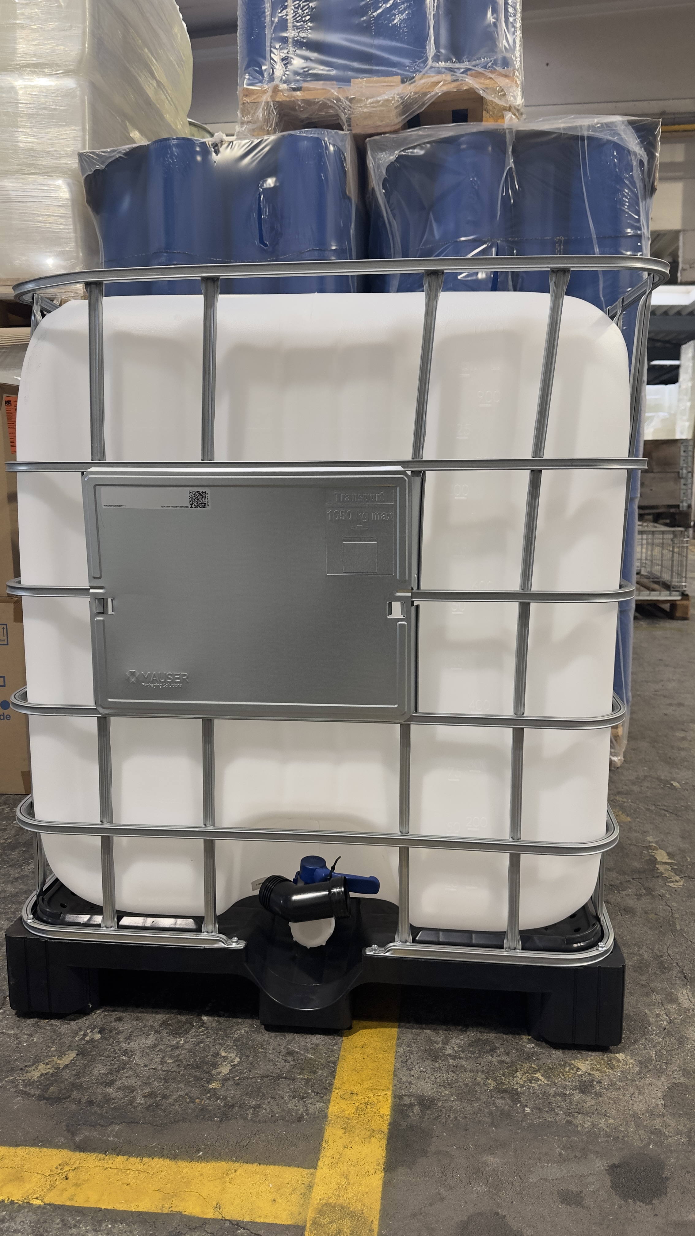 IBC-Container 1000l neu mit CDS1-System auf Kunststoffpalette mit verbogener Gitterbox (Siehe Fotos) und 150mm Deckel (für z.B. AdBlue)