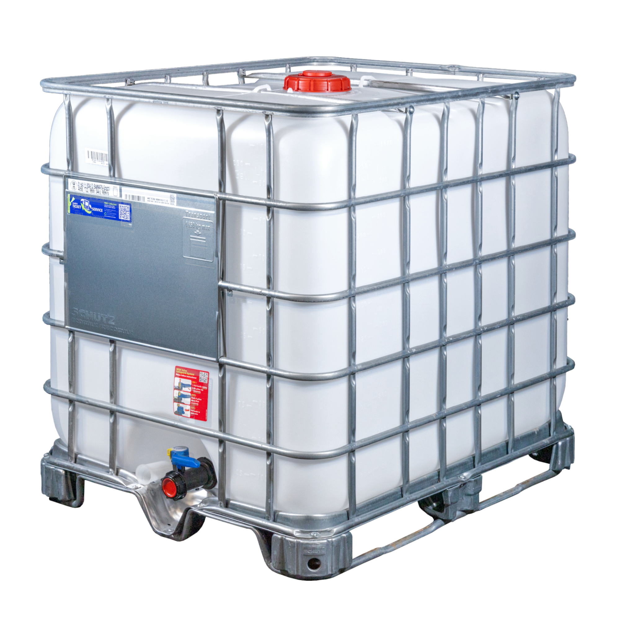 IBC-Container 1000l mit neuem Innenbehälter auf Stahlkufenpalette 150mm Deckel und Gefahrgutzulassung (Schütz)
