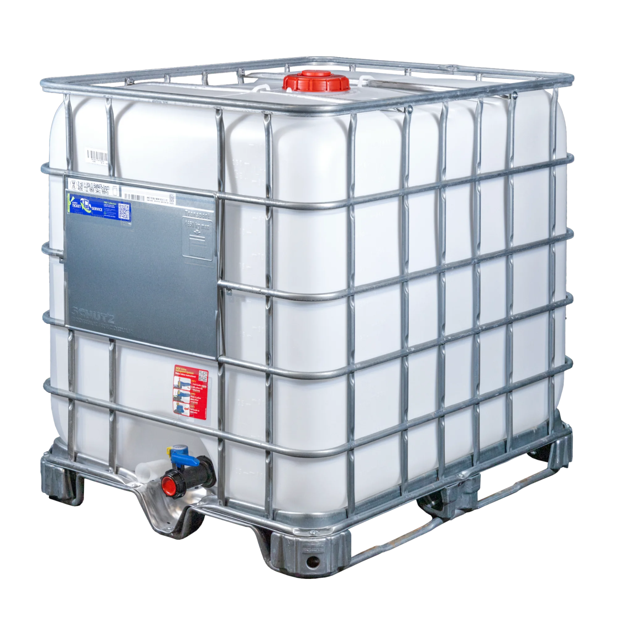 IBC-Container 1000l mit neuem Innenbehälter auf Stahlkufenpalette 150mm Deckel und Gefahrgutzulassung (Schütz)
