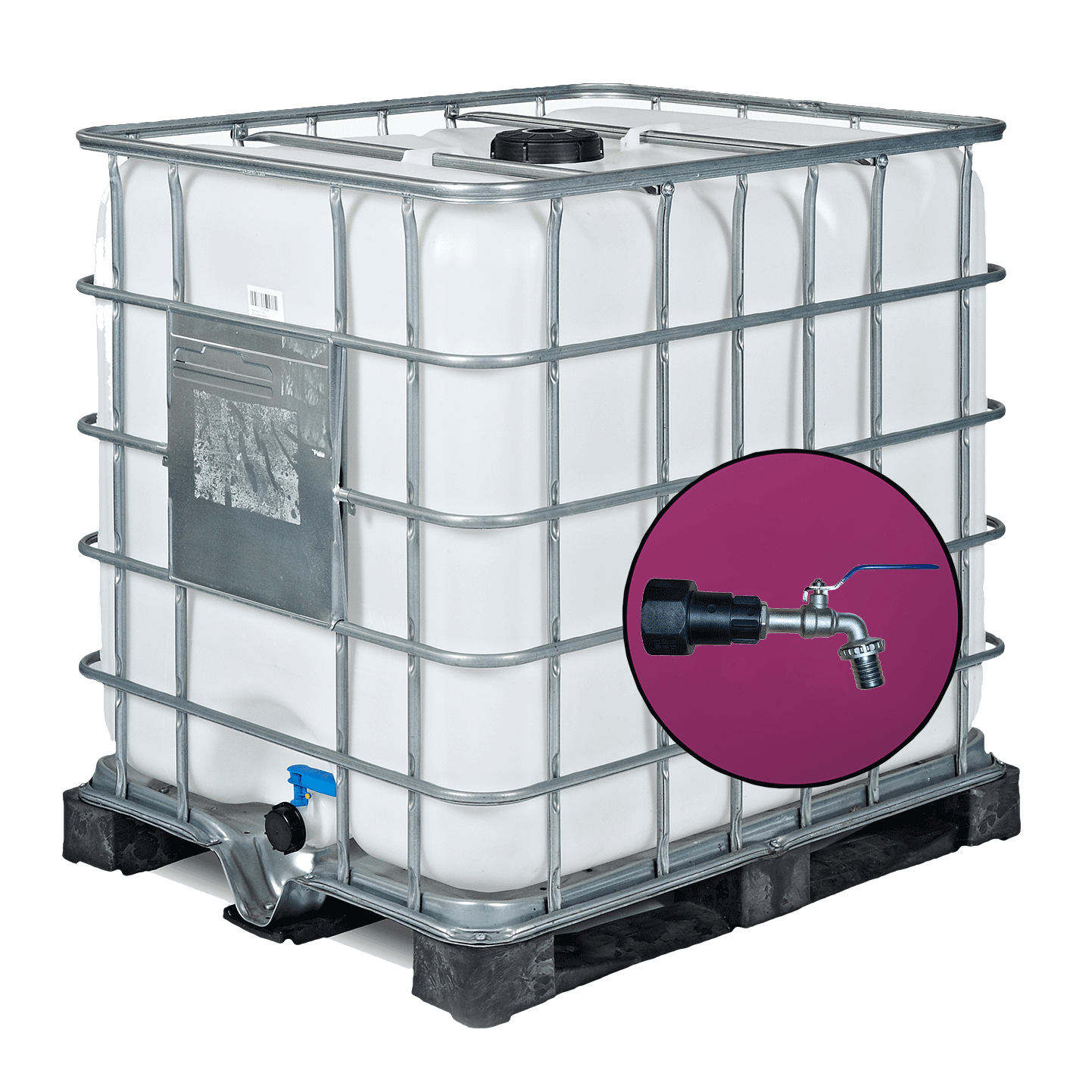 Wassertank 1000l mit neuem Innenbehälter auf Kunststoffpalette 150mm Deckel als IBC-Container inklusive 1-Zoll-Wasserhahn und Lebensmittelzulassung