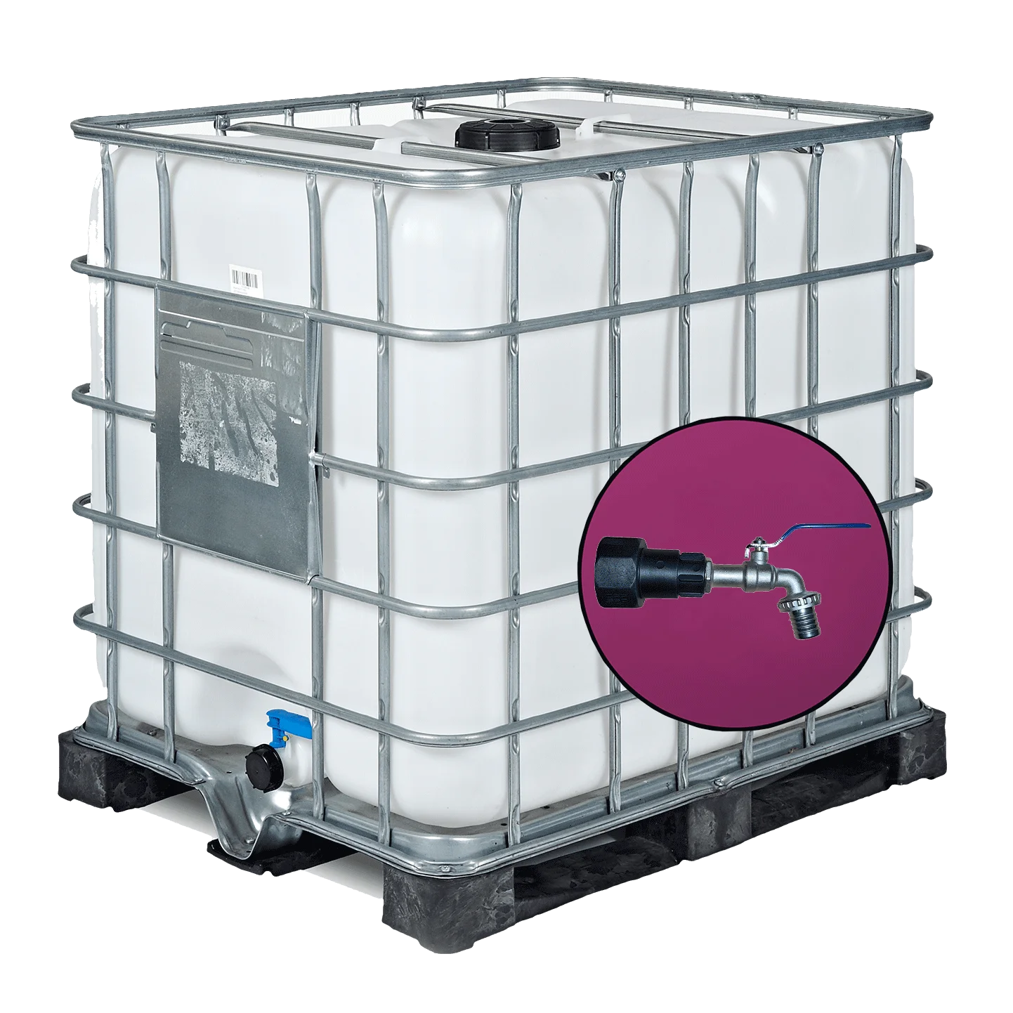 Wassertank 1000l mit neuem Innenbehälter auf Kunststoffpalette 150mm Deckel als IBC-Container inklusive 1-Zoll-Wasserhahn und Lebensmittelzulassung