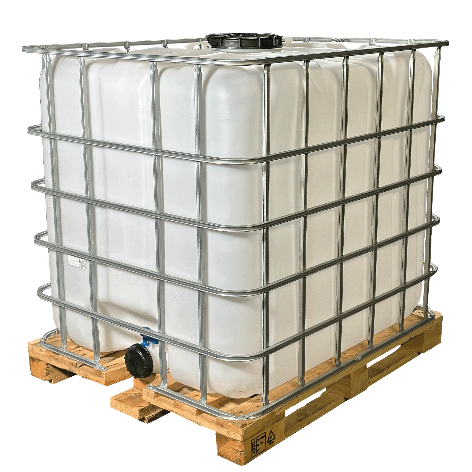 IBC-Container 1000l mit neuem Innenbehälter auf Holzpalette 225mm Deckel mit Lebensmittelzulassung und 3-Zoll-Auslauf IBC-Container 1000l mit neuem Innenbehälter auf Holzpalette 225mm Deckel mit Lebensmittelzulassung und 3-Zoll-Auslauf