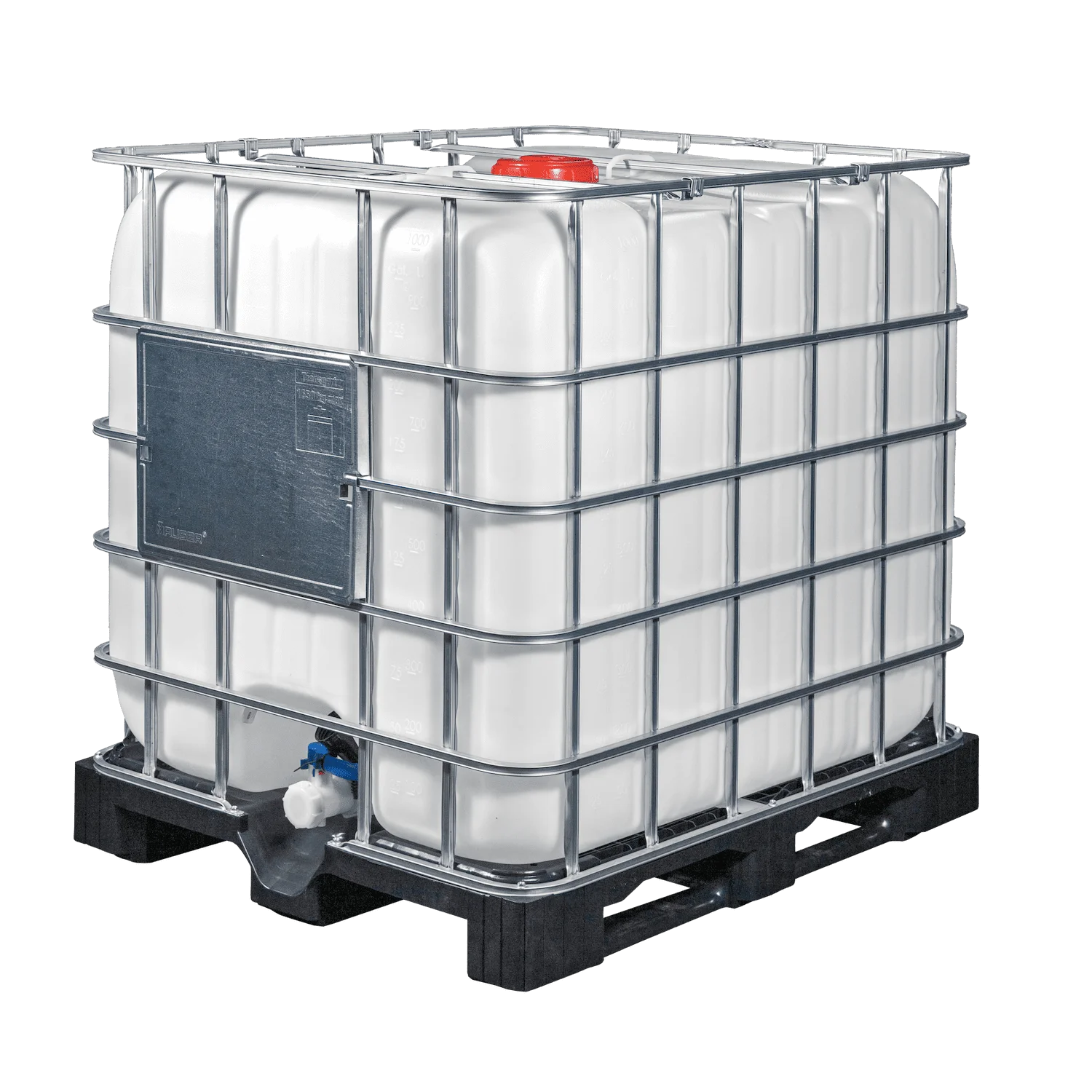 IBC-Container 1000l neu mit CDS1-System auf Kunststoffpalette mit verbogener Gitterbox und 150mm Deckel (für z.B. AdBlue) 