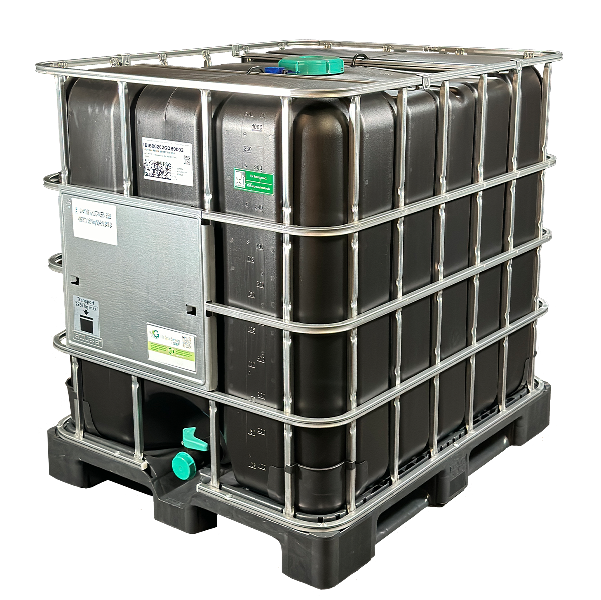 IBC-Container 1000l neu schwarz auf Kunststoffpalette 150mm Deckel mit Gefahrgutzulassung und Lebensmittelzulassung