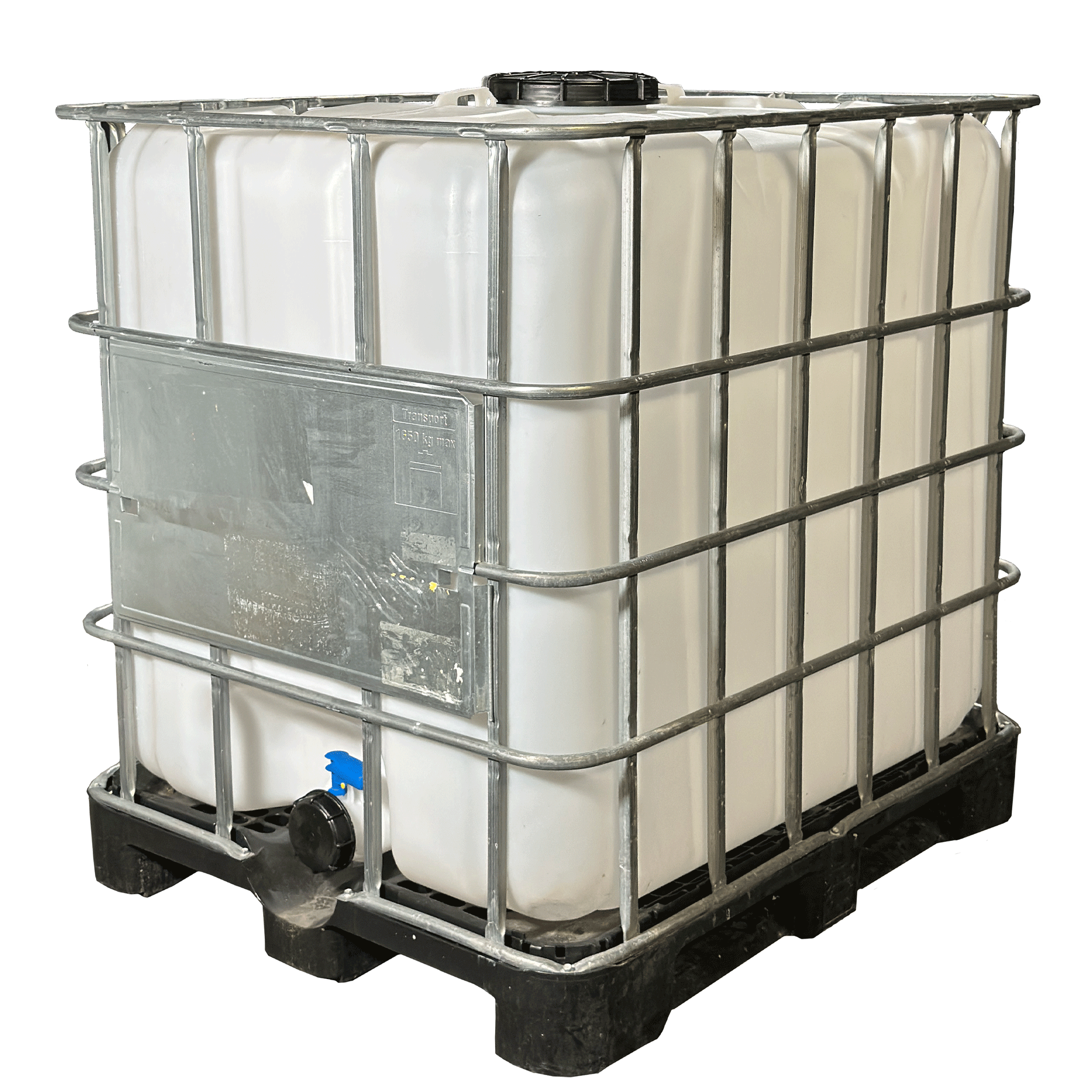 IBC-Container 1000l mit neuem Innenbehälter auf Kunststoffpalette 225mm Deckel mit Lebensmittelzulassung und 3 Zoll Auslauf