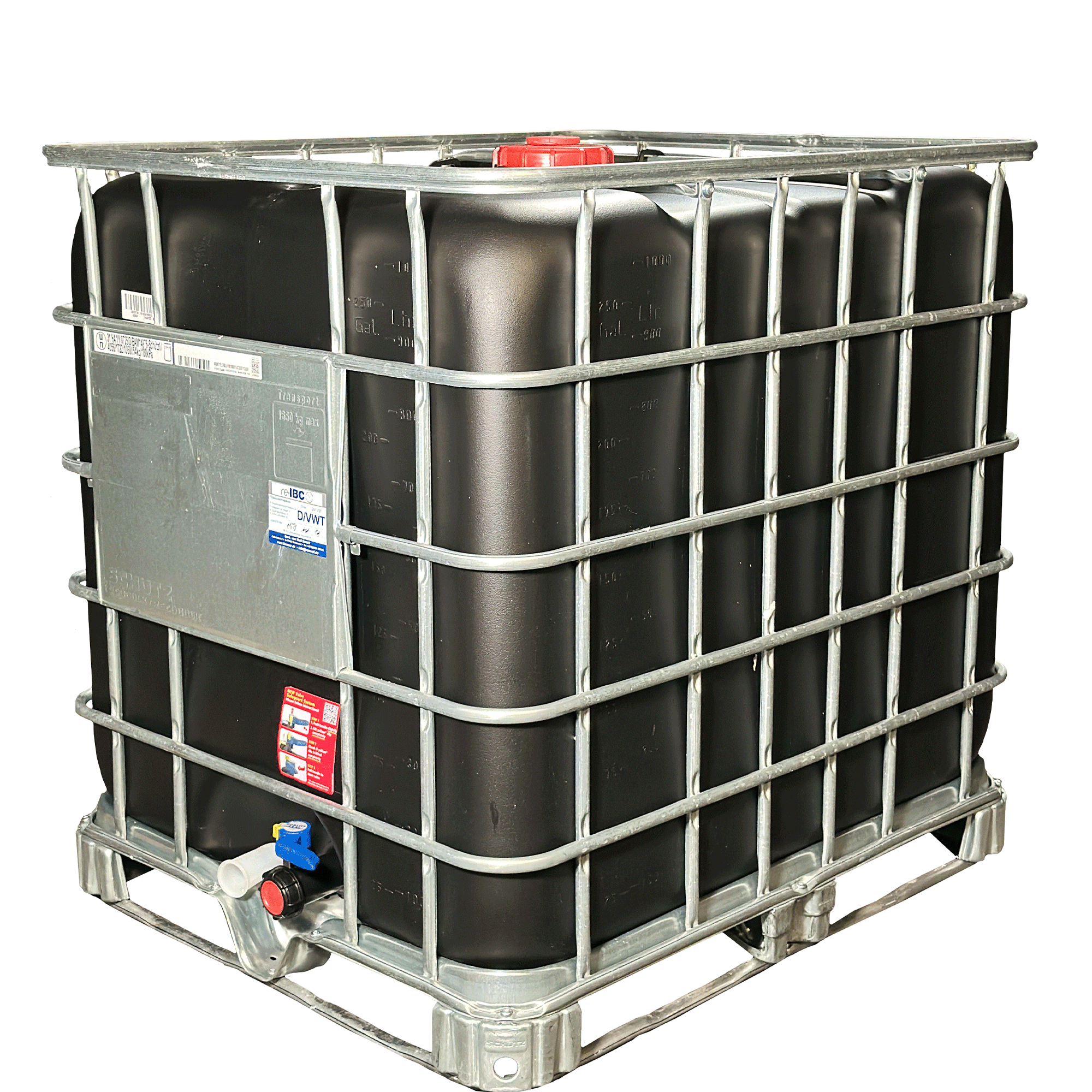 IBC-Container 1000l schwarz gereinigt 1. Wahl auf Stahlrahmenpalette 150mm Deckel mit Gefahrgutzulassung