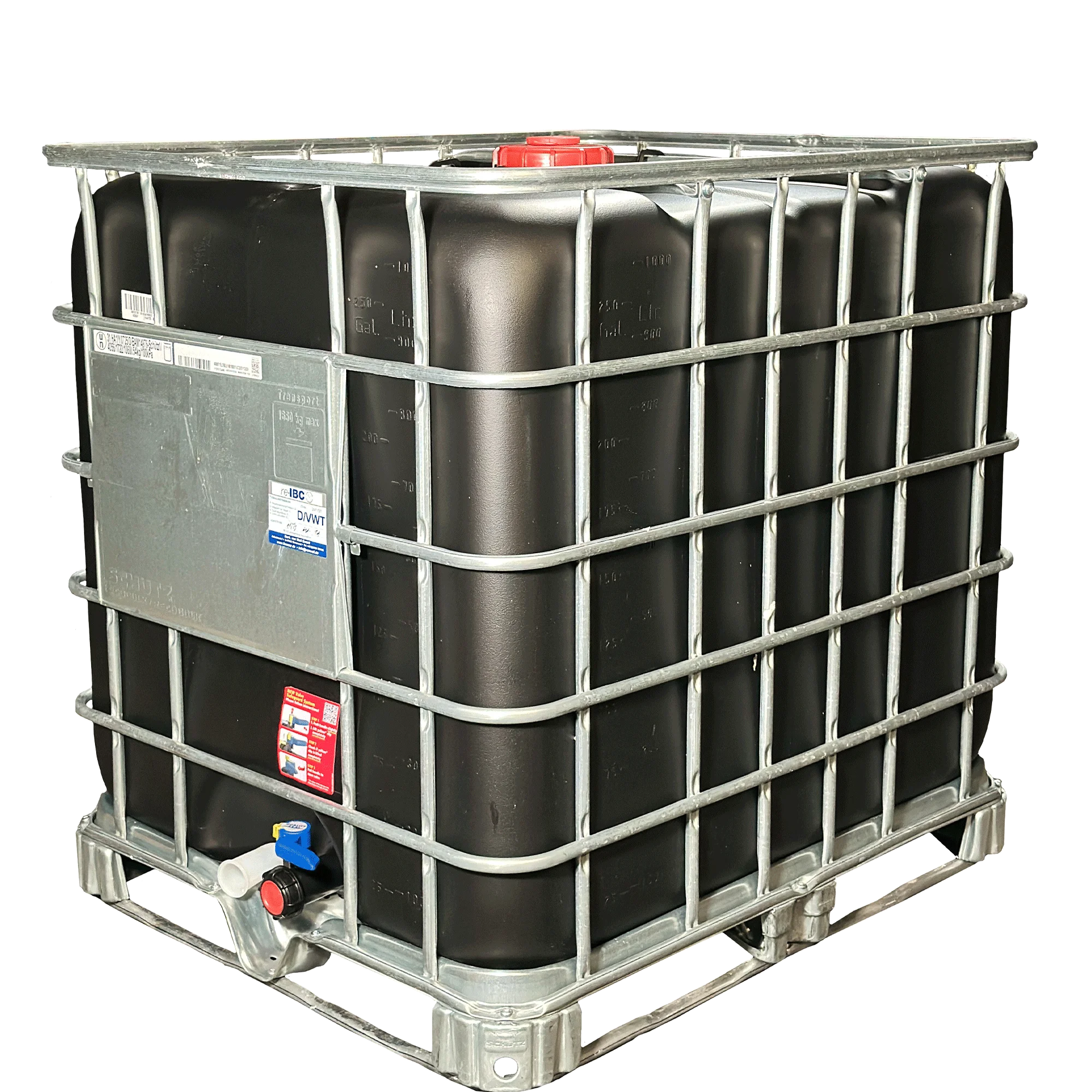 IBC-Container 1000l schwarz gereinigt 1. Wahl auf Stahlrahmenpalette 150mm Deckel mit Gefahrgutzulassung